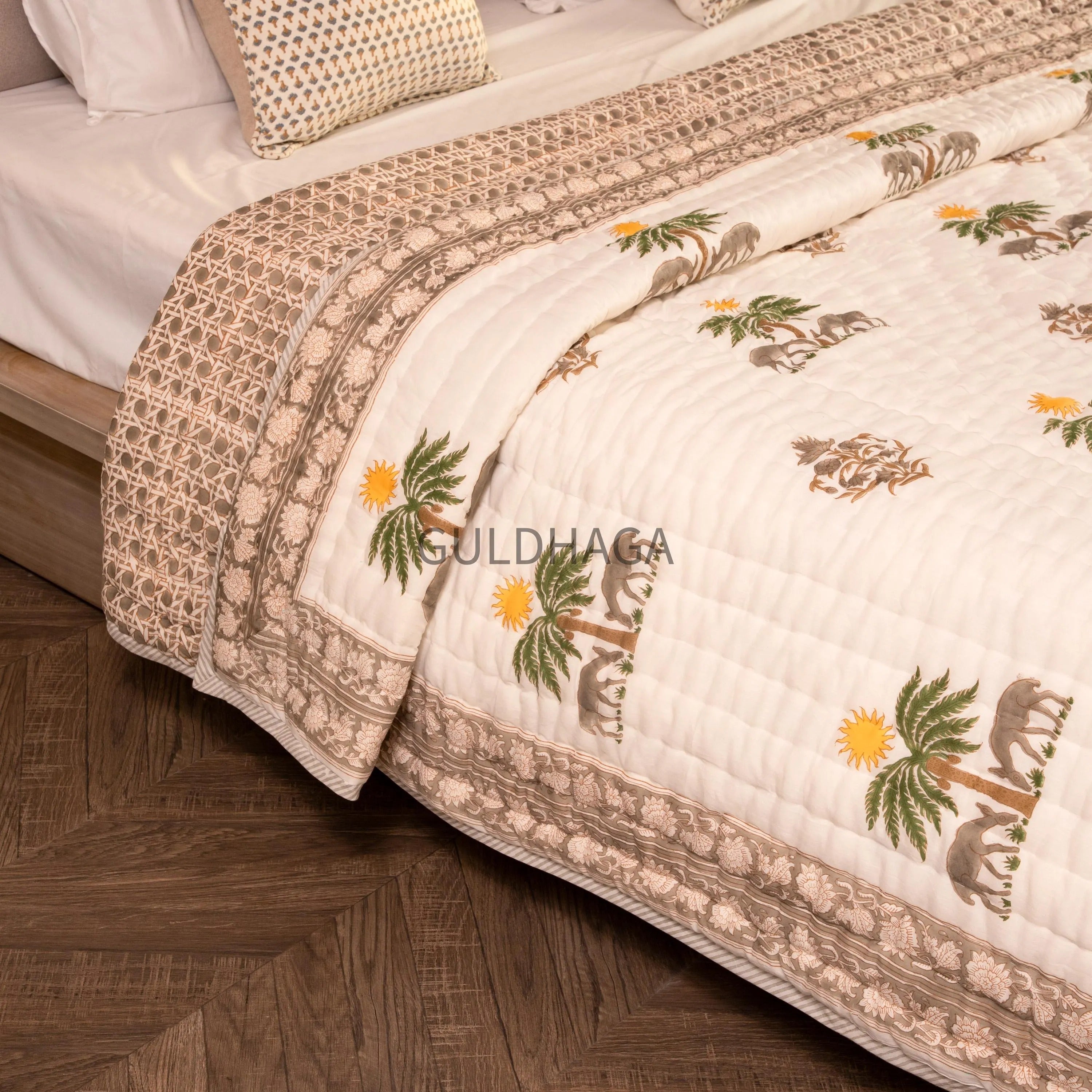 Deer Grove Hand Block Print Cotton Quilt, Floral Indian Bedding, Reversible coverlet, king comforter, All season quilt, Anokhi quilt