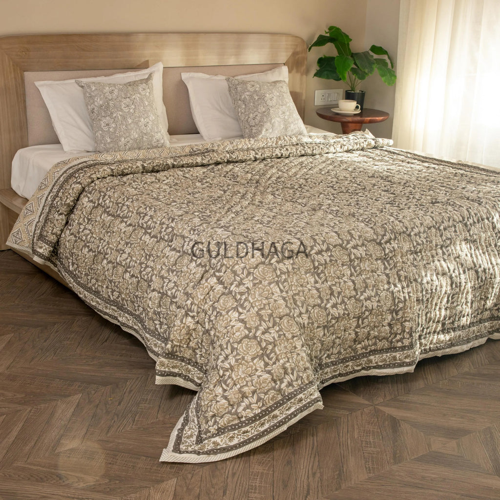 Moonstone Grey Hand Block Print Cotton Quilt, Floral Indian Bedding, Reversible coverlet, king comforter, All season quilt, Anokhi quilt