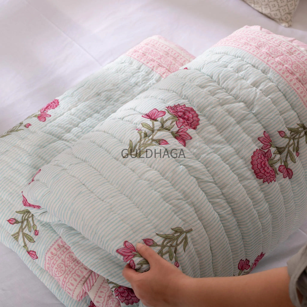 Dusty Rose Block Print Cotton Quilt, Floral Cotton Bedding, Handmade Boho throw, Reversible Bedspread for Twin quilt, housewarming gift