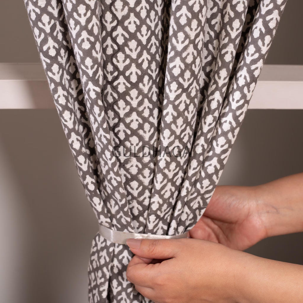 Gray cotton Curtain, Hand block printed Semi Blackout Bedroom Curtain, Boho curtain and window treatment, living room curtain
