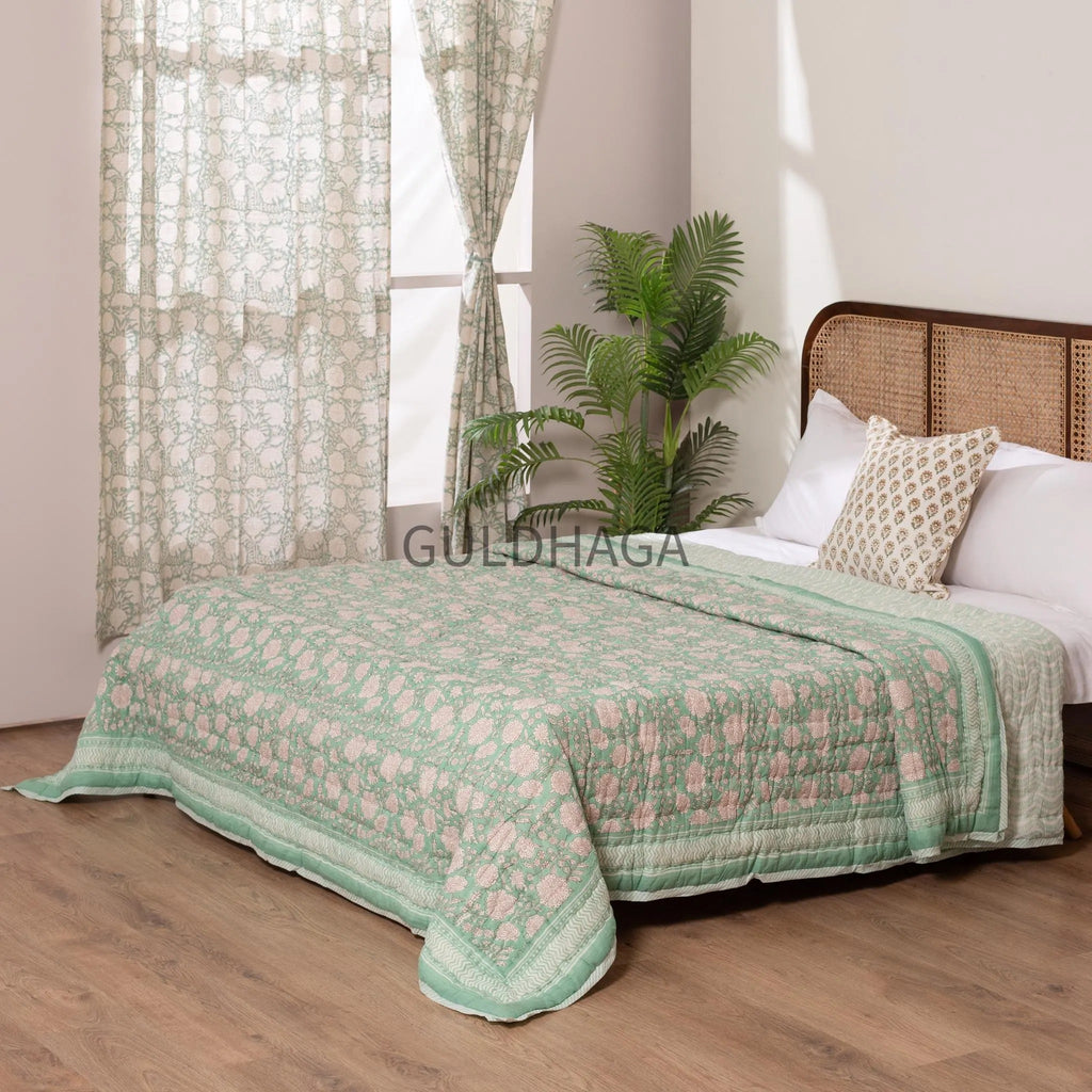 Green Summer Block Print Cotton Quilt, Boho Cotton Bedding, Handmade Indian bedspread, Reversible throw for Twin bedroom, All season quilt