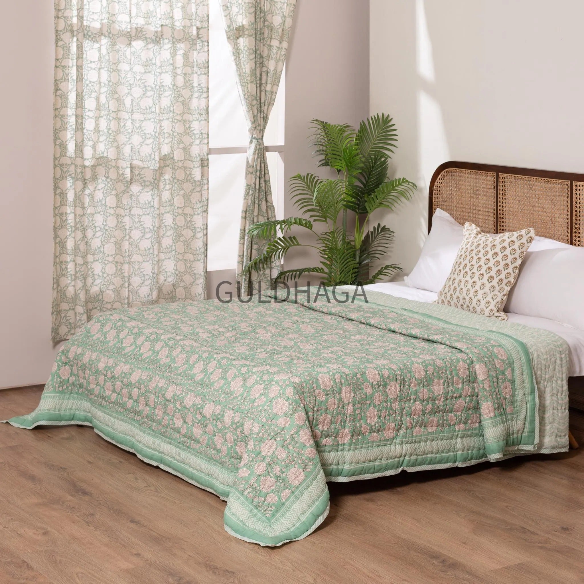 Green Summer Block Print Cotton Quilt, Boho Cotton Bedding, Handmade Indian bedspread, Reversible throw for Twin bedroom, All season quilt