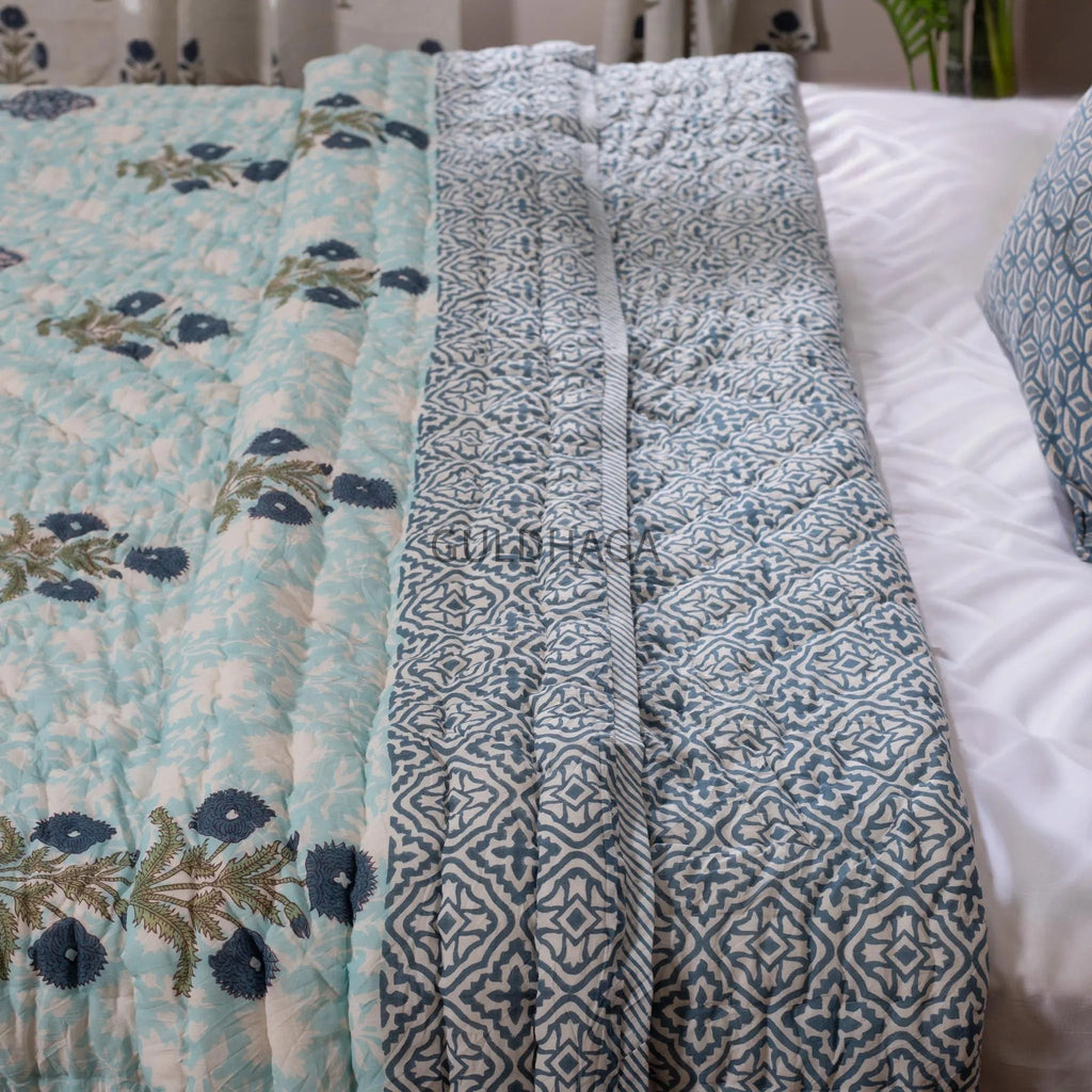 Seafoam and Deep Indigo Handmade Indian Cotton Quilt, Block Printed King Soft Quilt, Cotton Comforter, Boho Reversible quilt, couch Coverlet