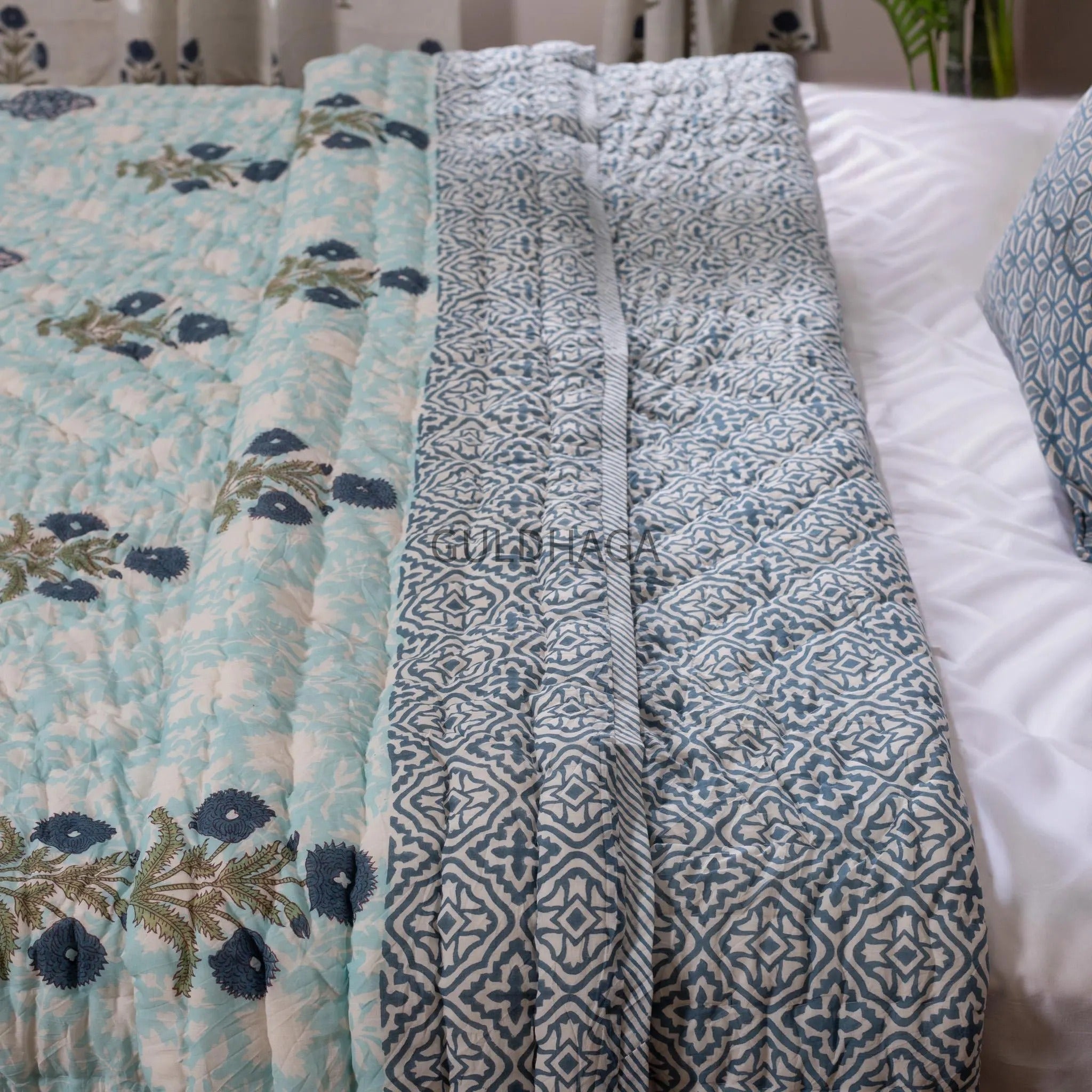 Seafoam and Deep Indigo Handmade Indian Cotton Quilt, Block Printed King Soft Quilt, Cotton Comforter, Boho Reversible quilt, couch Coverlet