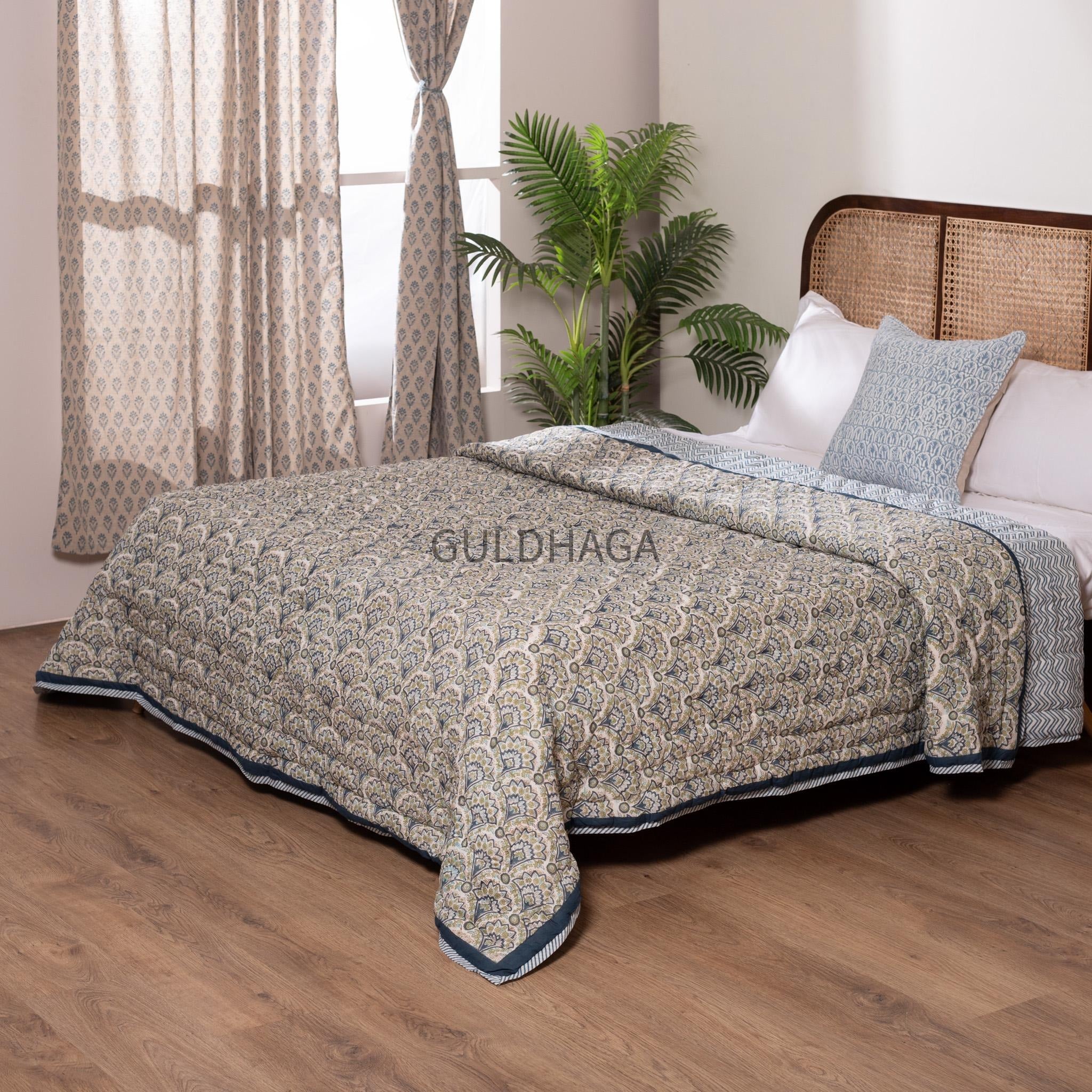 Anokhi Block Printed Cotton Quilt, Reversible Floral Quilt, Jaipuri Razai, Queen Bedding Cotton Bedspread, throw blanket for couch