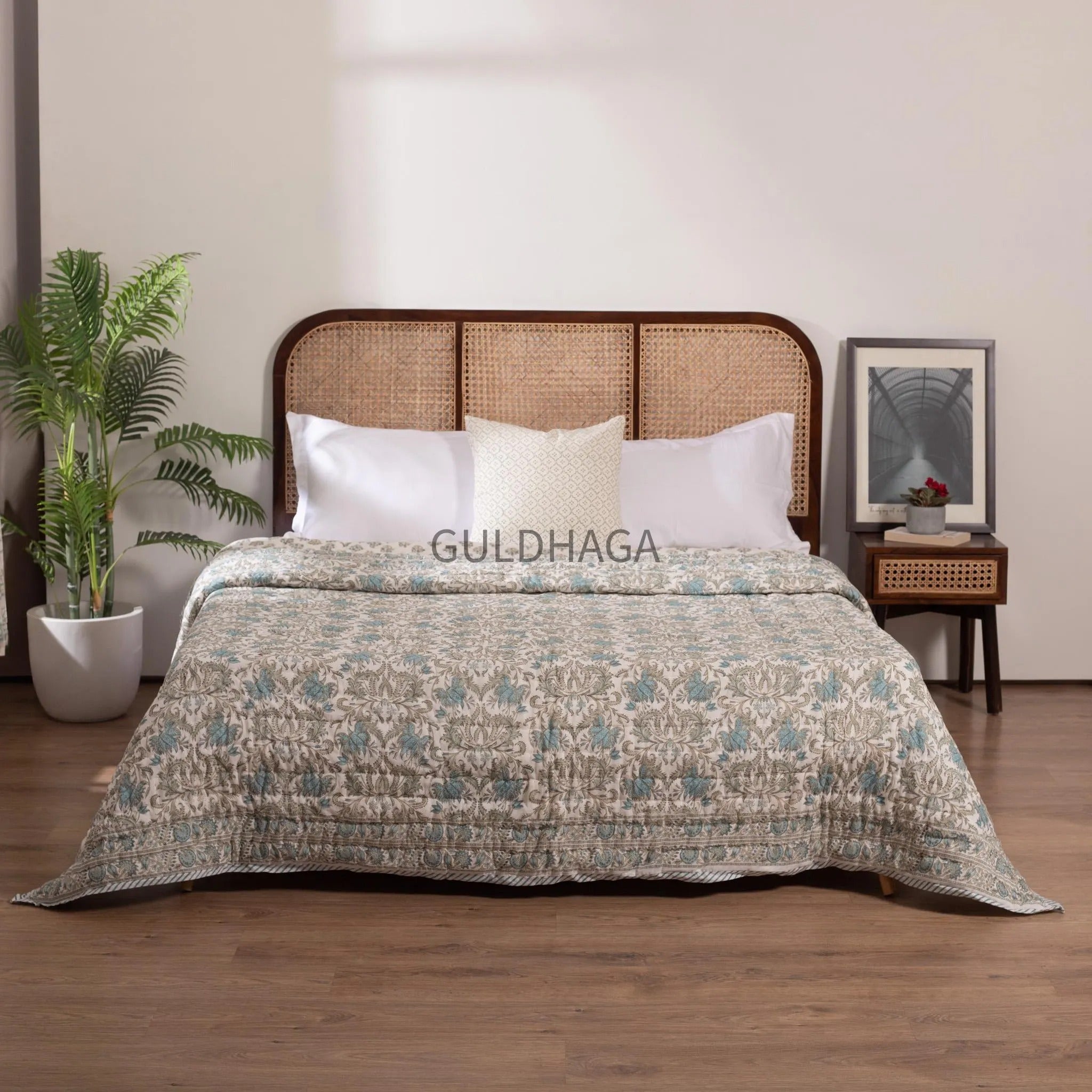 Hand Block Print Cotton Quilt, Blue and Sage Floral Indian Bedding, Reversible Bedspread, Queen comforter, All season quilt, Anokhi quilt