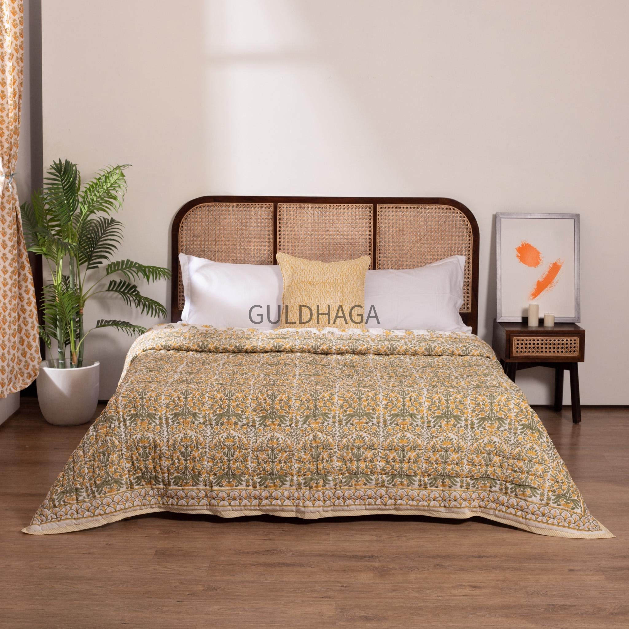 Ivory with mustard yellow olive green floral block printed quilt, cotton comforter for sale, queen size reversible bedspread, twin bedding