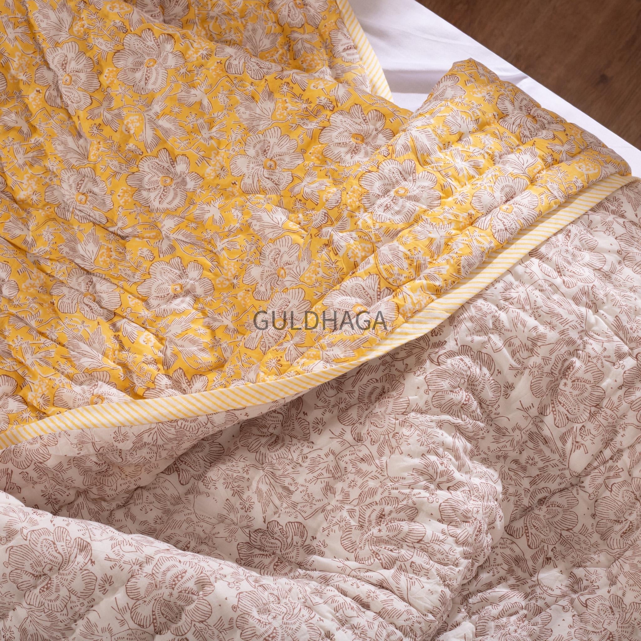 Summer Block Print Cotton Quilt, Boho Floral Cotton Bedding, Handmade Indian bedspread, Reversible throw for Twin bedroom, All season quilt