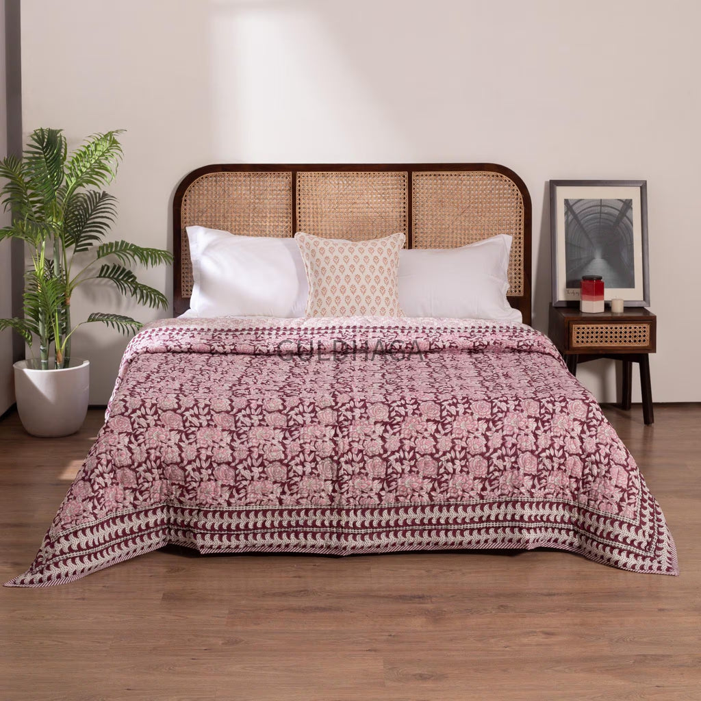 Deep berry wine Block Print Cotton Quilt, Cotton Bedding, Handmade Indian Boho Quilt, Reversible Bedspread for Twin Queen King Bed