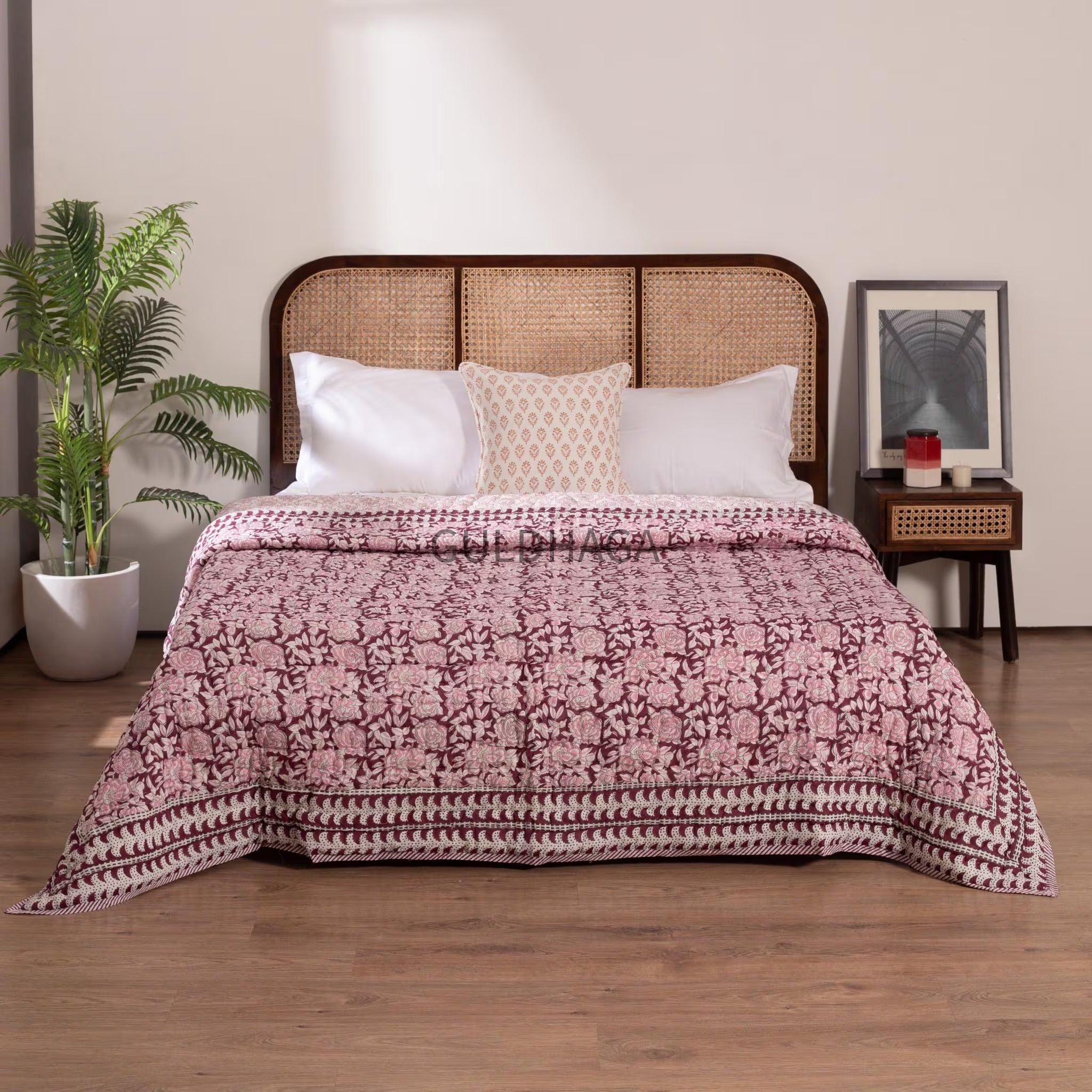 Deep berry wine Block Print Cotton Quilt, Cotton Bedding, Handmade Indian Boho Quilt, Reversible Bedspread for Twin Queen King Bed