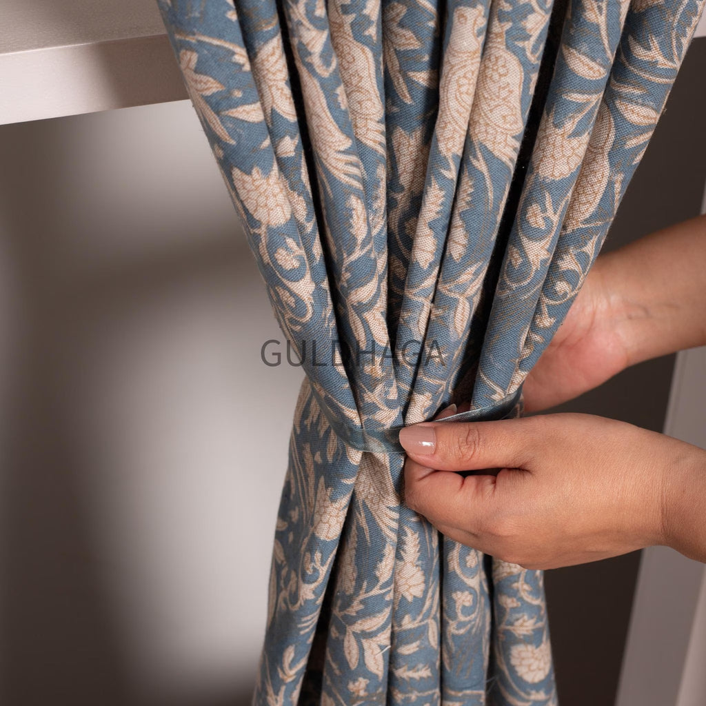 Blue bird Block Printed Indian Block Print Cotton Curtain: Floral Sheer Bedroom Panel, Farmhouse curtain