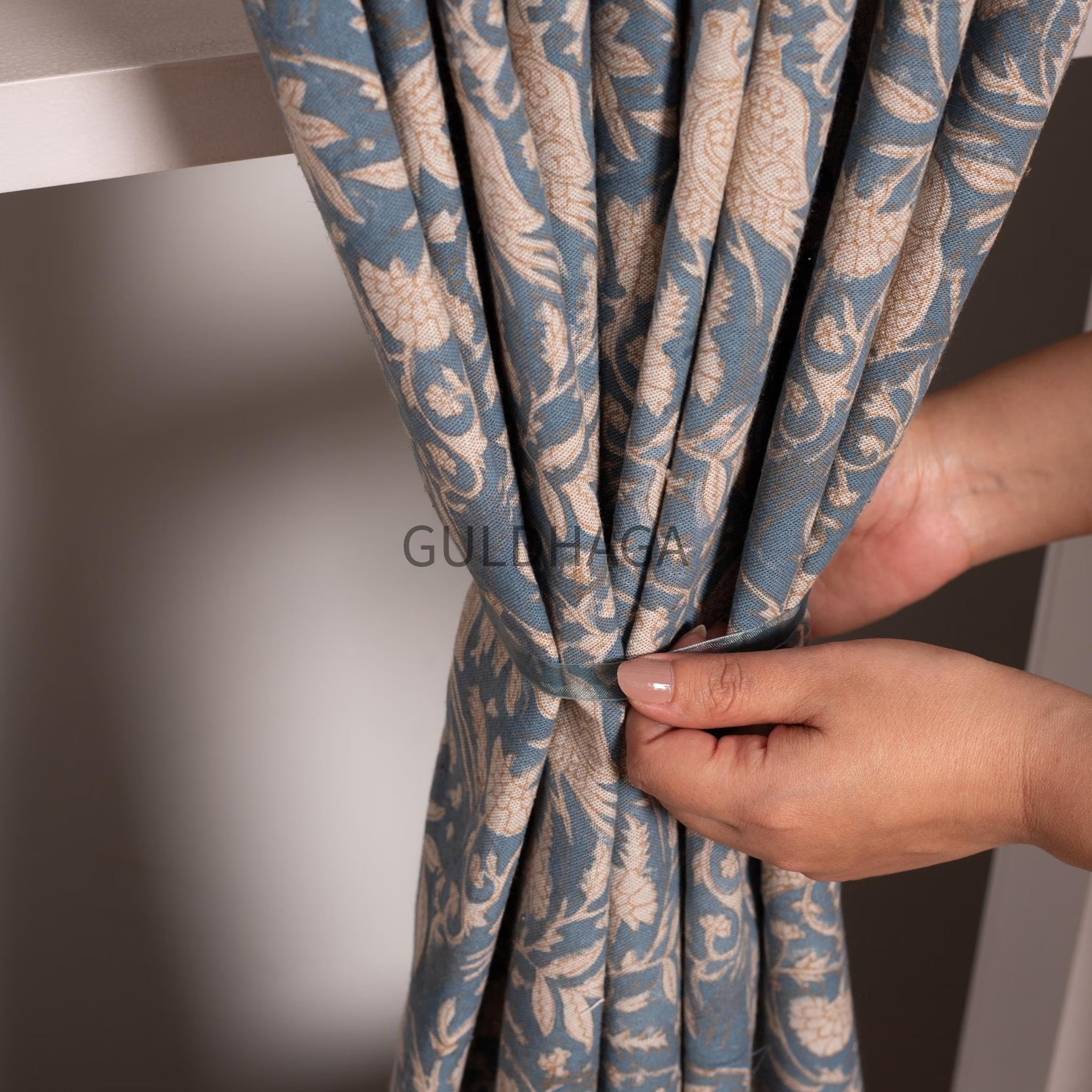 Blue bird Block Printed Indian Block Print Cotton Curtain: Floral Sheer Bedroom Panel, Farmhouse curtain