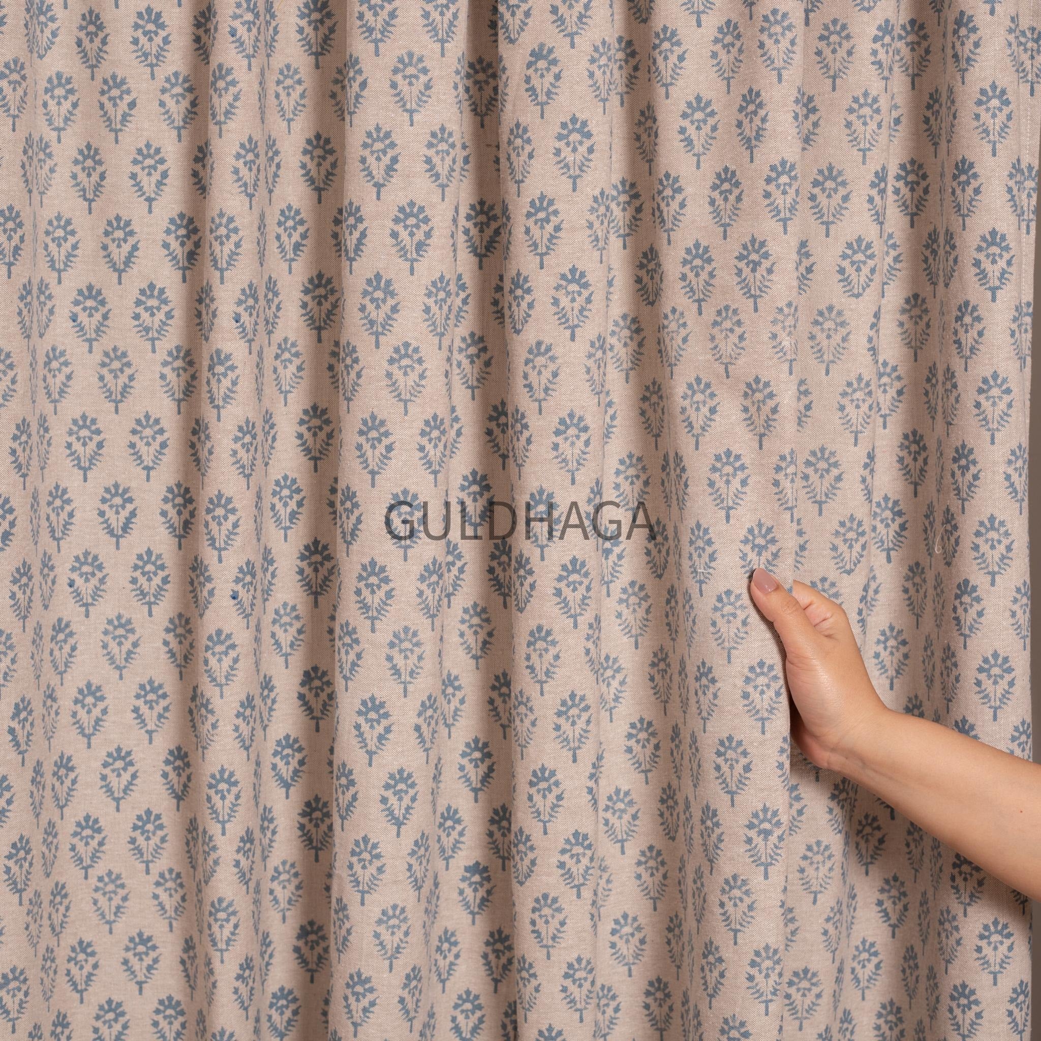 blue Hand Block Print Cotton chambray Curtains, Floral Drapes for bedroom and living room