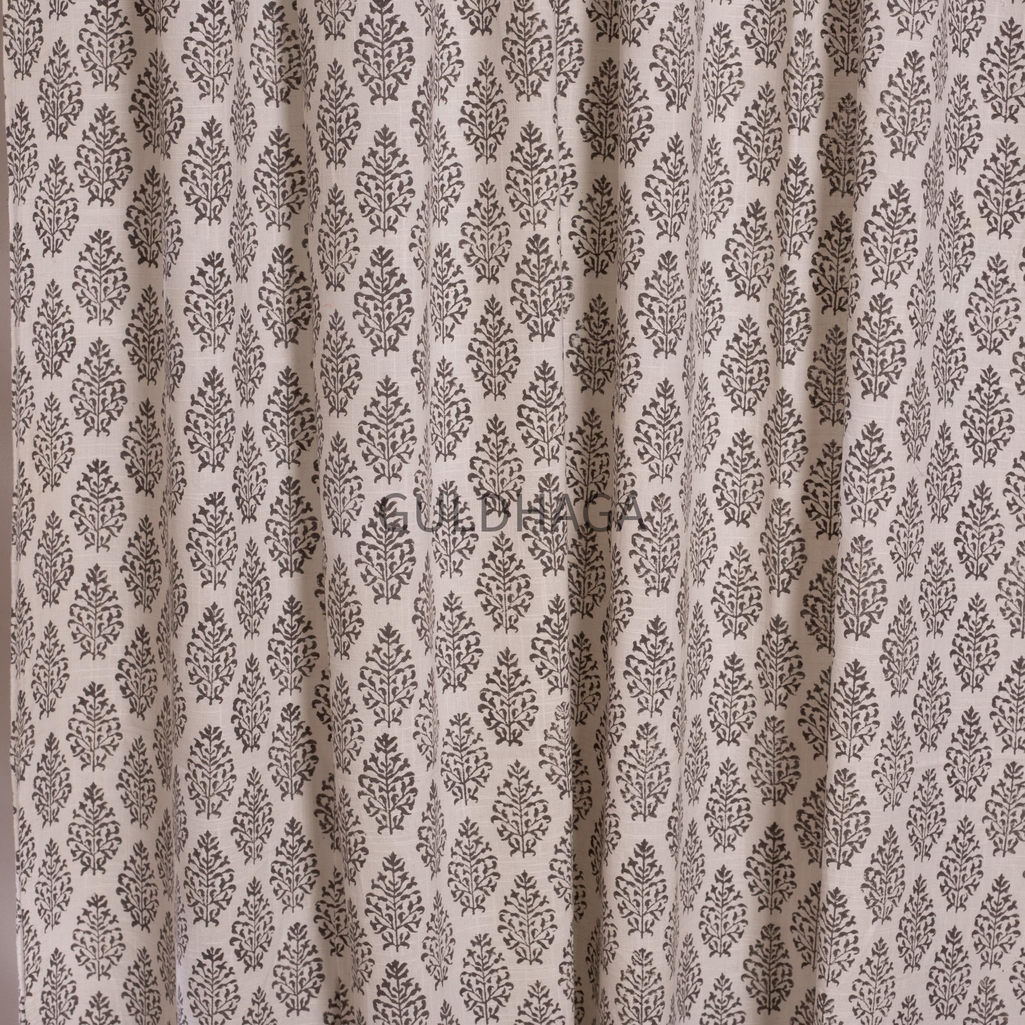 Gray Hand Block Print Cotton chambray Curtains, Floral Drapes for bedroom and living room, farmhouse curtains, semi sheer drapes