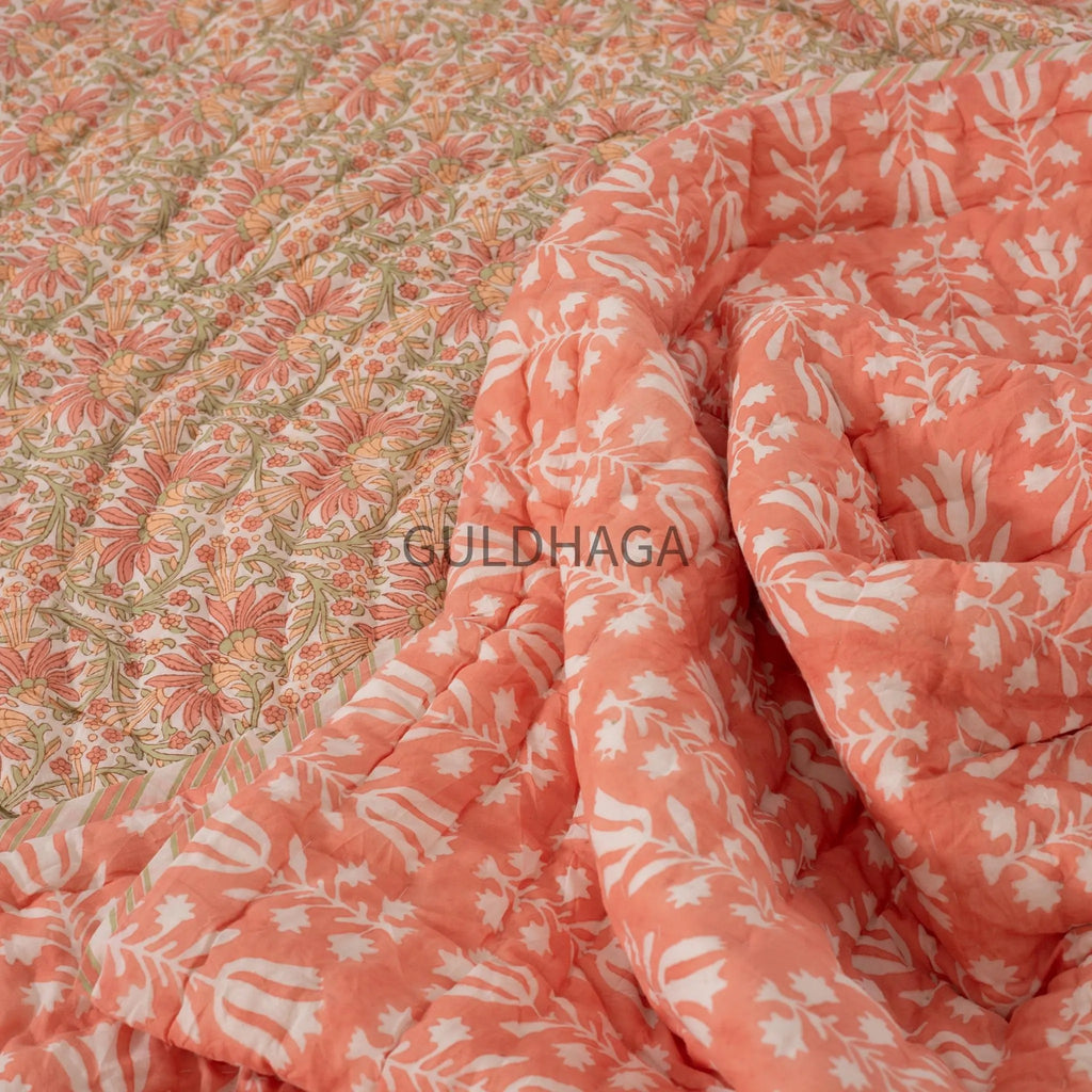 Coral Summer Block Print Cotton Quilt, Boho Cotton Bedding, Handmade Indian bedspread, Reversible throw for Twin bedroom, All season quilt