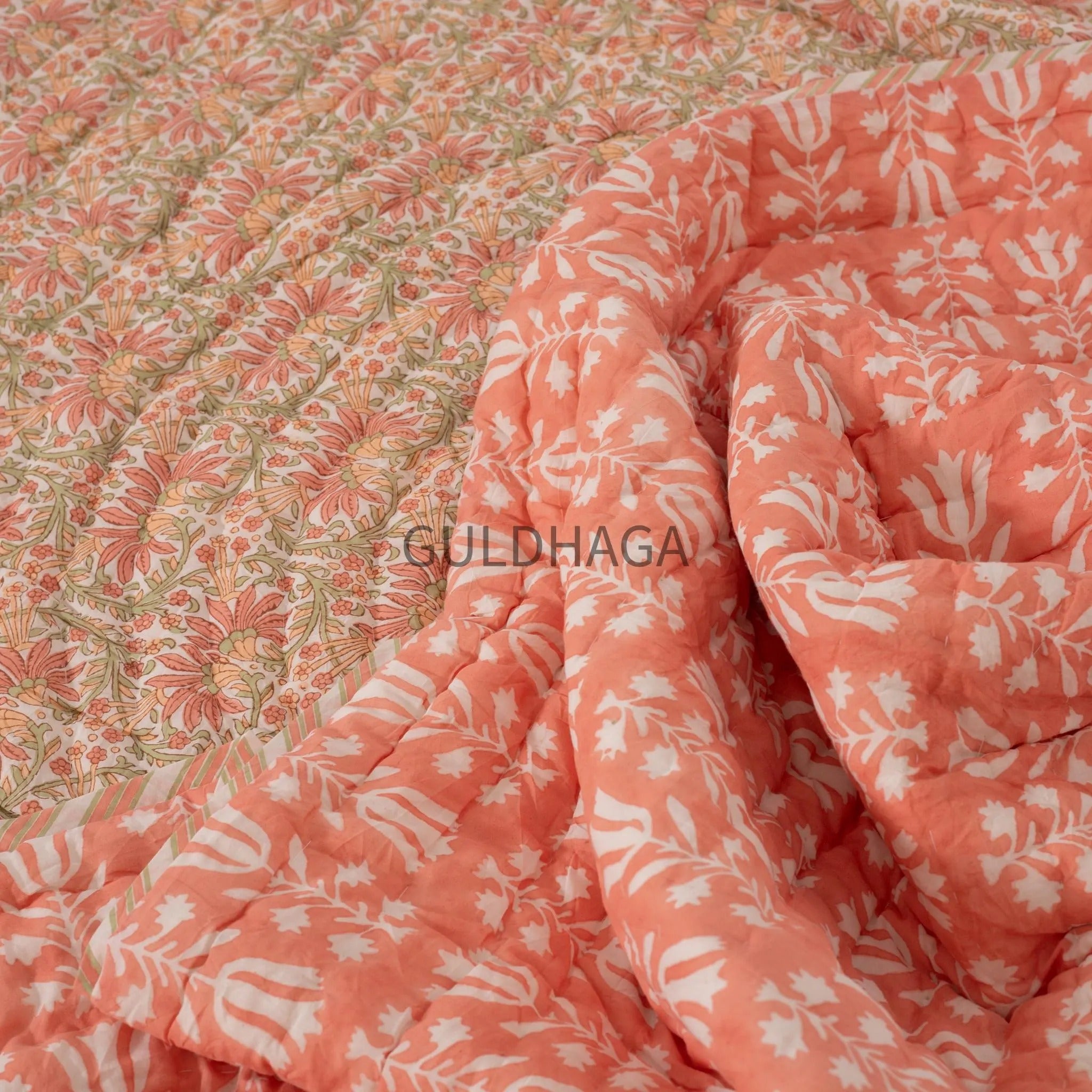 Coral Summer Block Print Cotton Quilt, Boho Cotton Bedding, Handmade Indian bedspread, Reversible throw for Twin bedroom, All season quilt