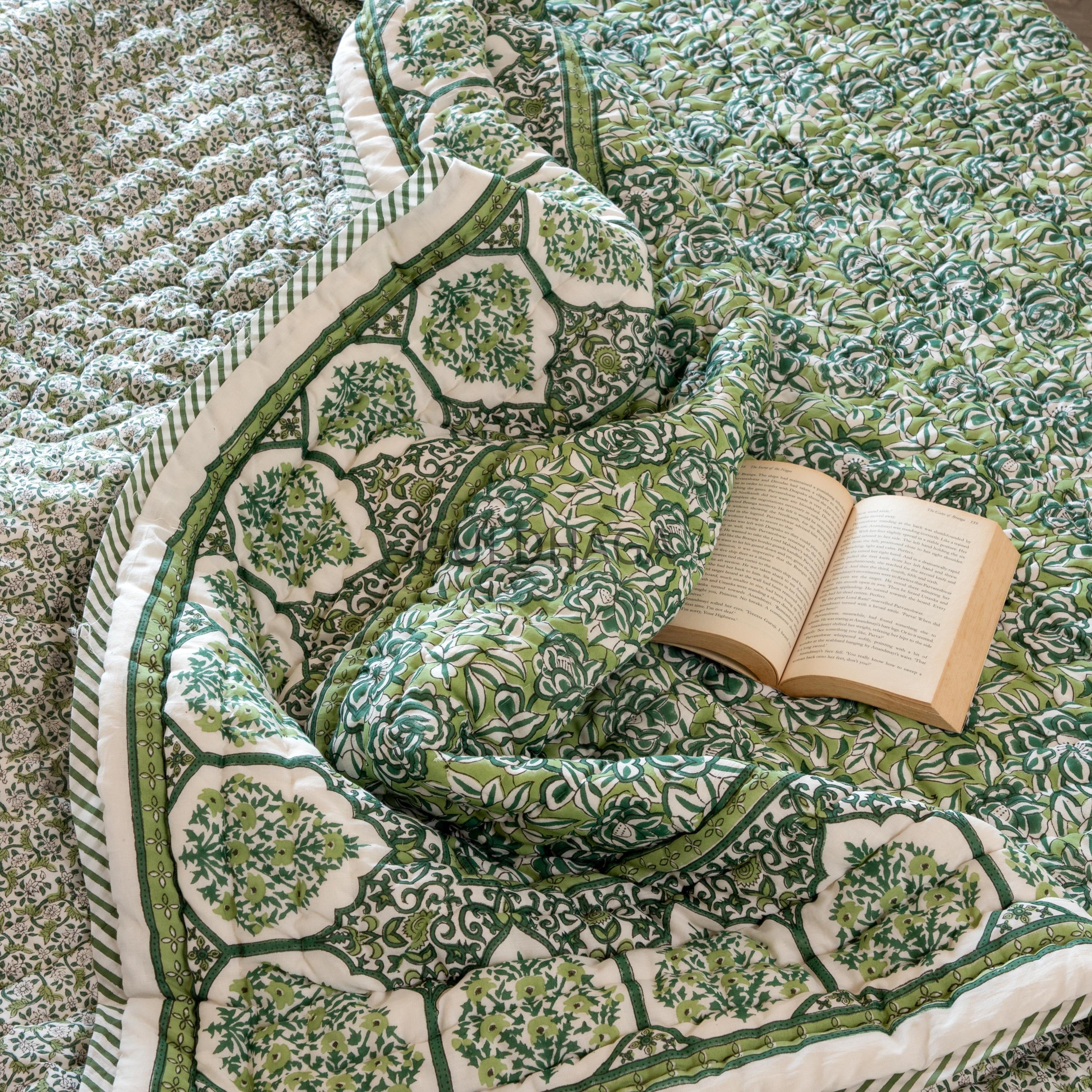 Green Summer Block Print Cotton Quilt, Boho Cotton Bedding, Handmade Indian bedspread, Reversible throw for Twin bedroom, All season quilt