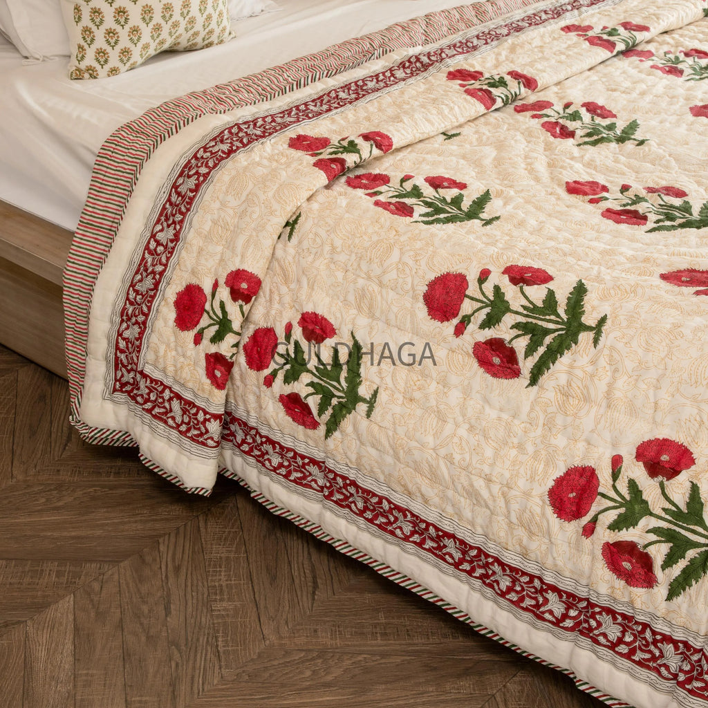 Flax Beige & Poppy Red Handmade Indian Cotton Quilt, Block Printed King Soft Quilt, Cotton Comforter, Boho Reversible quilt, couch Coverlet