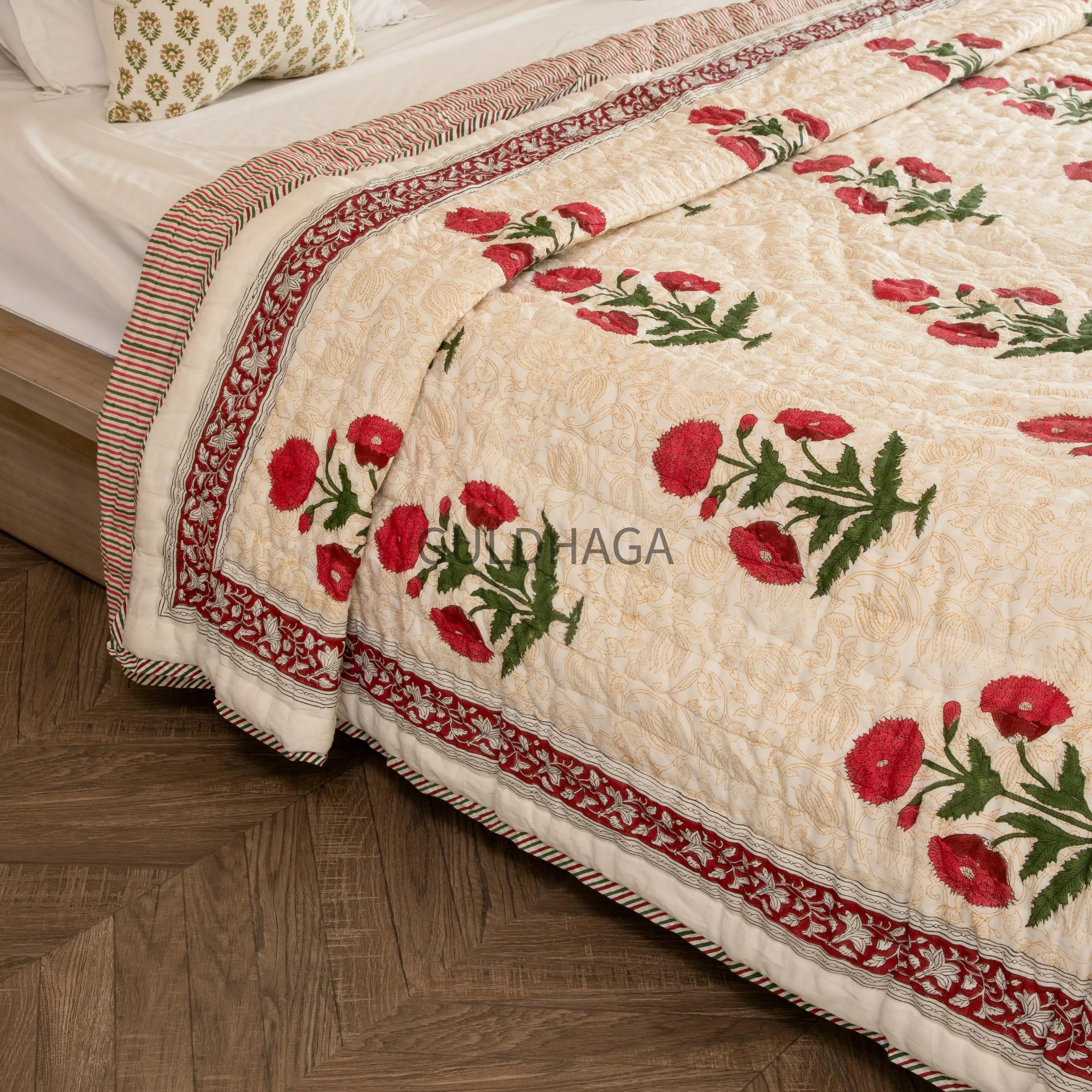 Flax Beige & Poppy Red Handmade Indian Cotton Quilt, Block Printed King Soft Quilt, Cotton Comforter, Boho Reversible quilt, couch Coverlet
