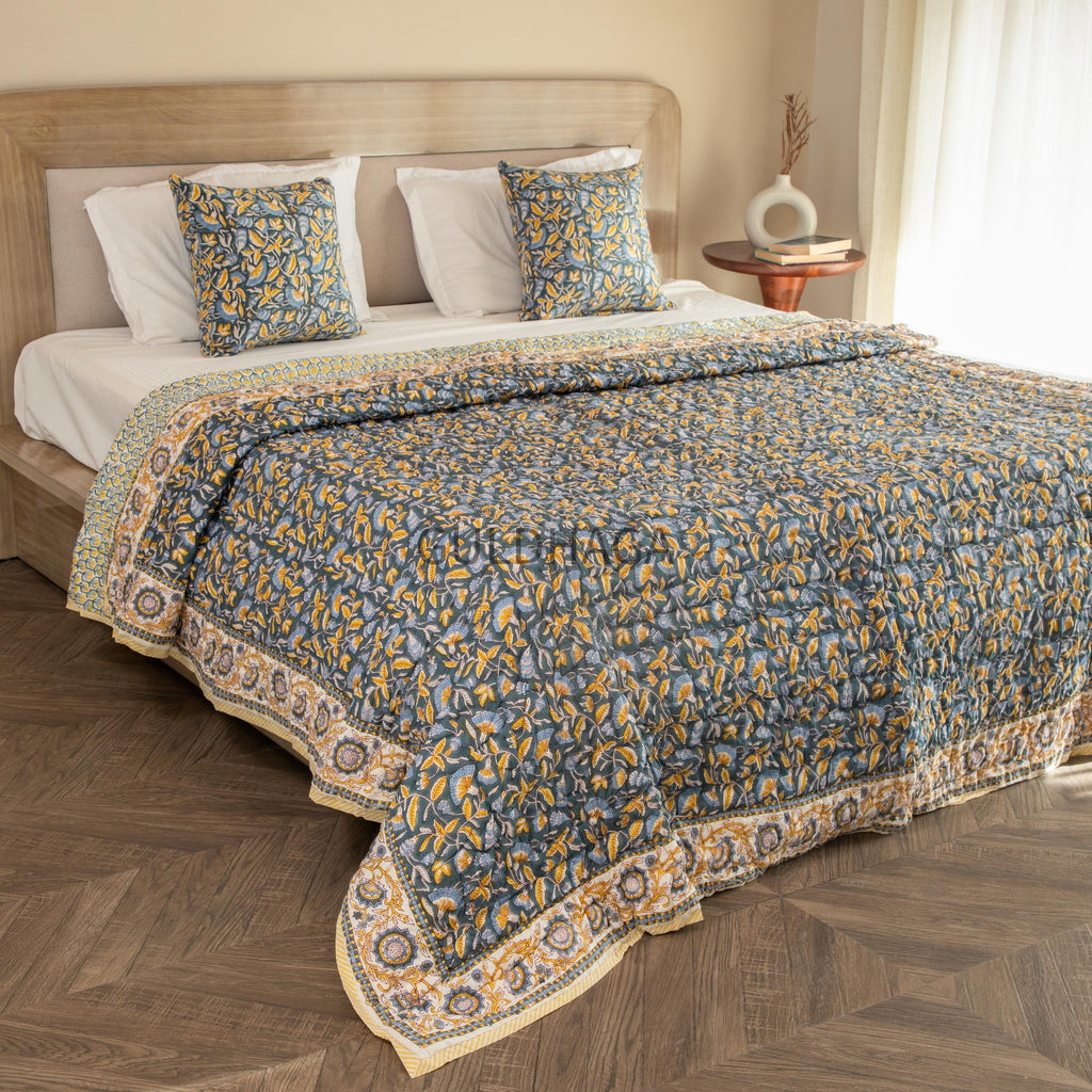Golden Daisy Meadow Block Printed 100% Pure Cotton Cloth Quilted Throw Blanket Cover for Couch and Bed Lap Bedding Coverlet Oversized Quilt
