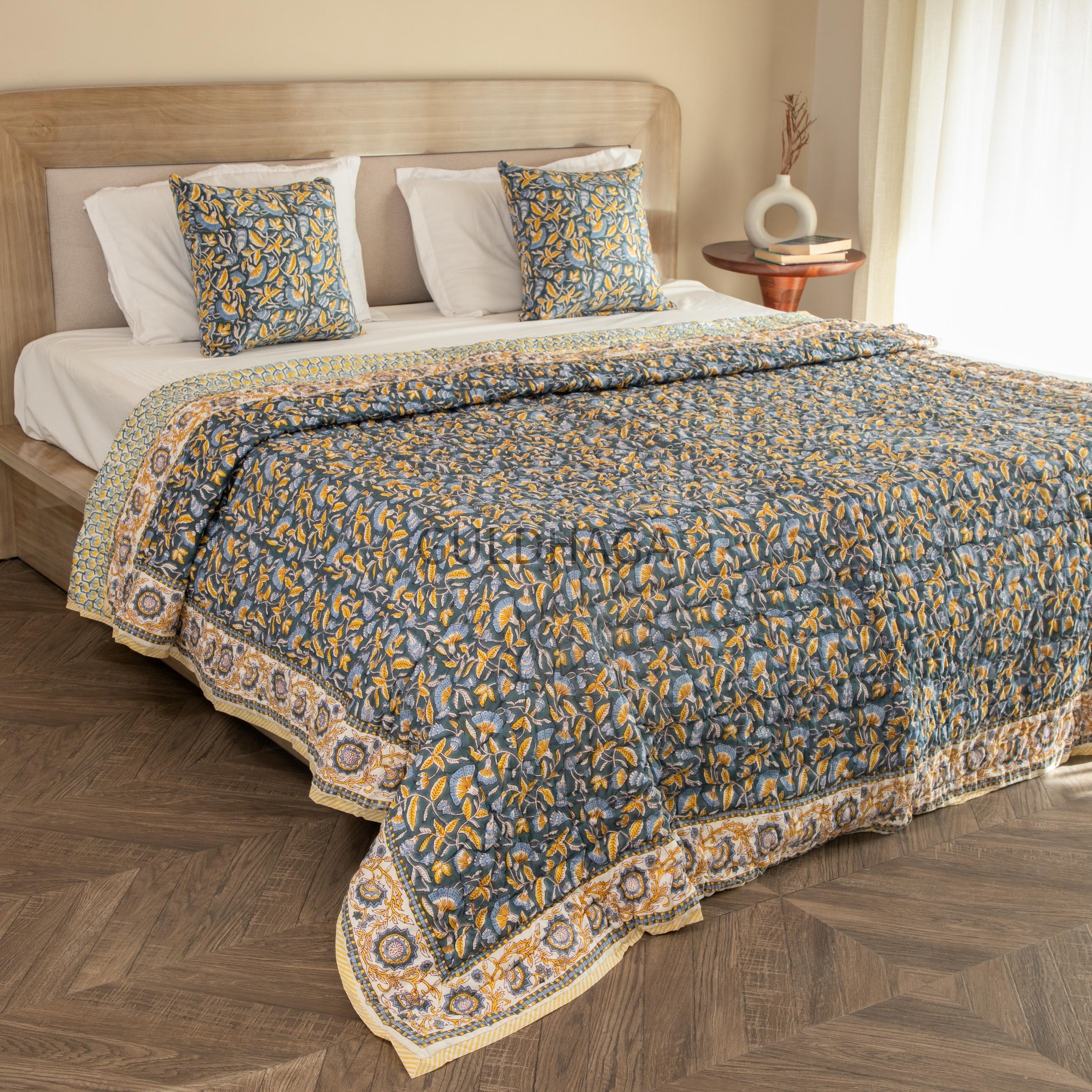 Golden Daisy Meadow Block Printed 100% Pure Cotton Cloth Quilted Throw Blanket Cover for Couch and Bed Lap Bedding Coverlet Oversized Quilt