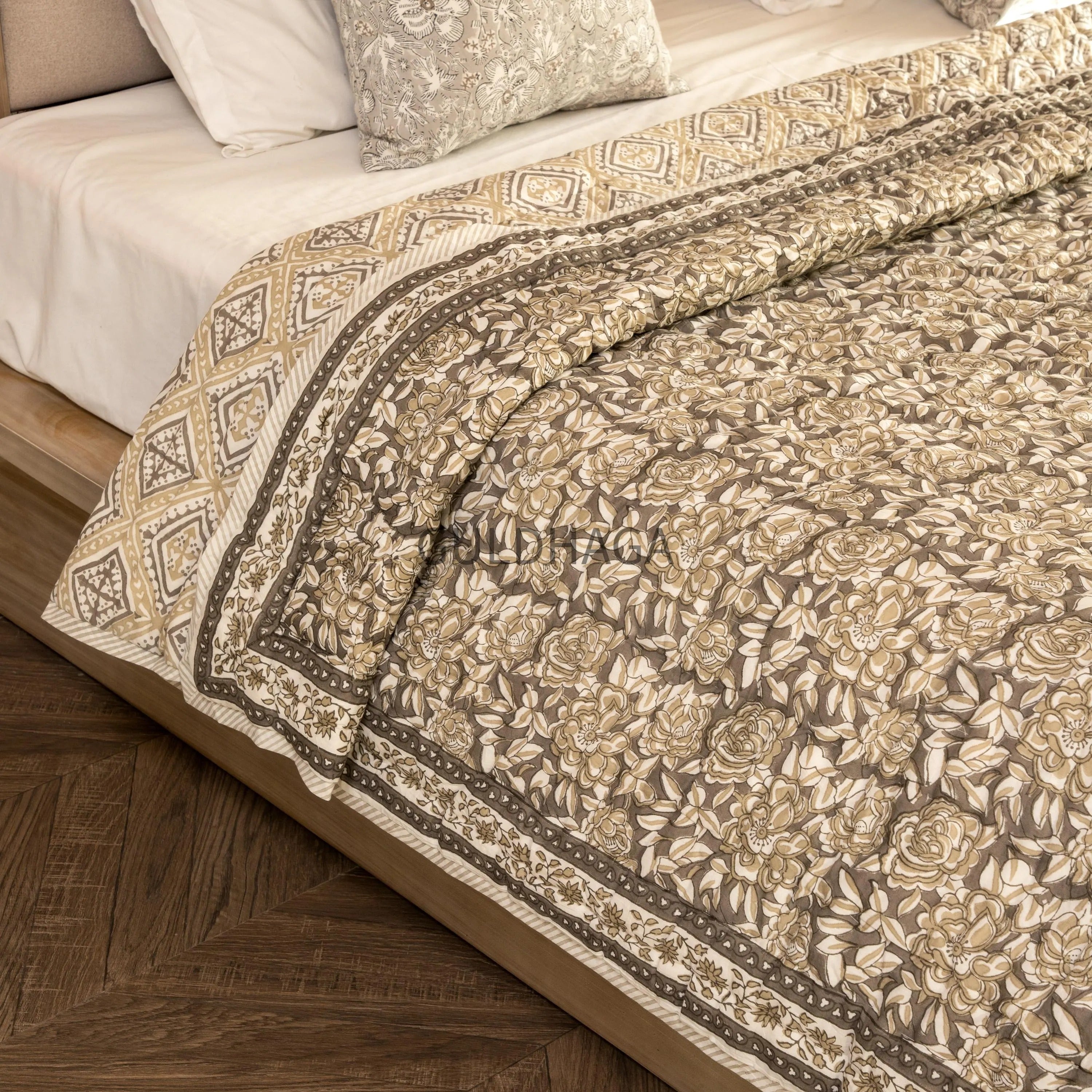 Moonstone Grey Hand Block Print Cotton Quilt, Floral Indian Bedding, Reversible coverlet, king comforter, All season quilt, Anokhi quilt