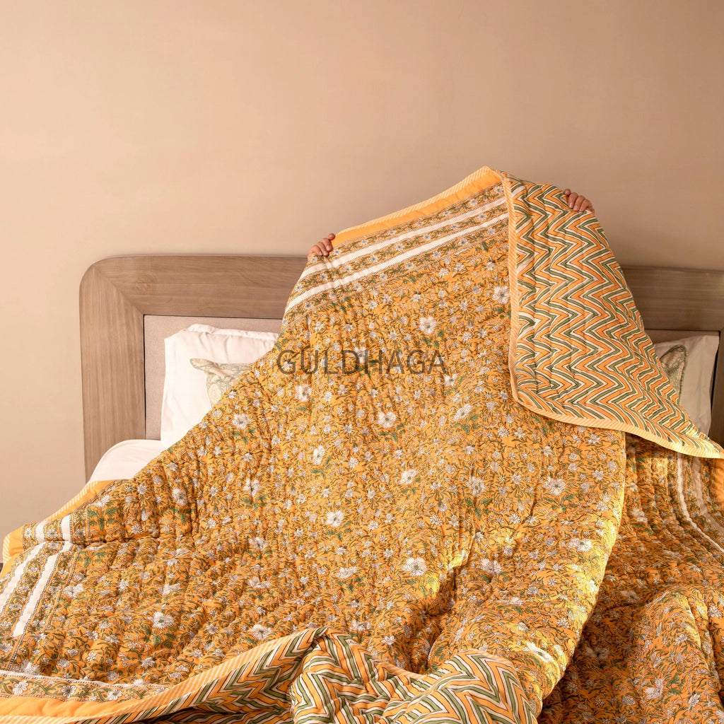 Golden Daisy Meadow Block Printed 100% Pure Cotton Cloth Quilted Throw Blanket Cover for Couch and Bed Lap Bedding Coverlet Oversized Quilt