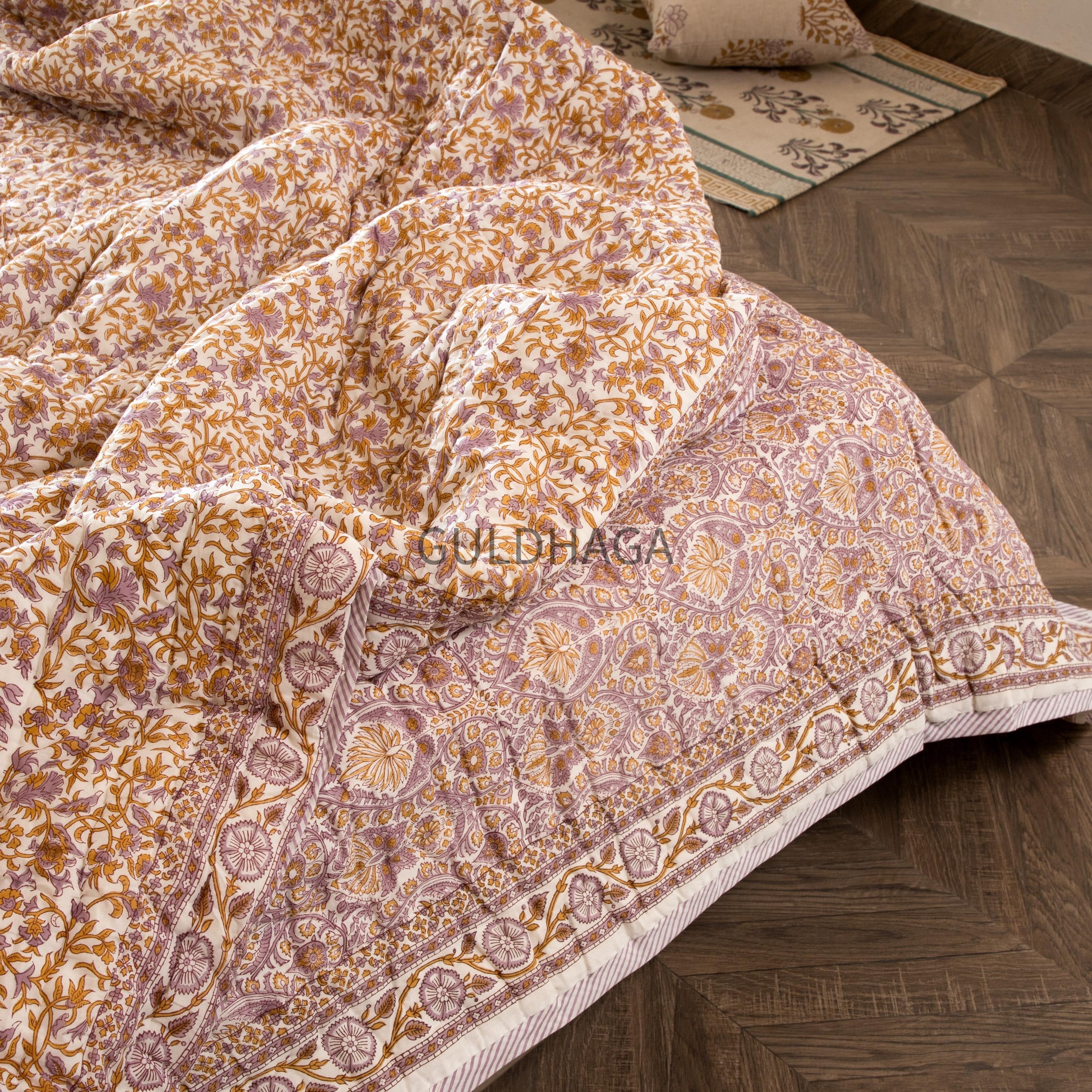 light purple Hand Block Print Cotton Quilt, Floral Indian Bedding, Reversible coverlet, king comforter, All season quilt, Anokhi quilt