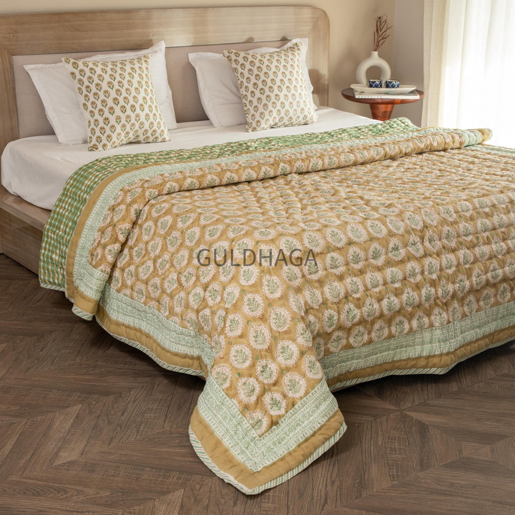 Sage Gingham & Honey Hand Block Print Cotton Quilt, Floral Indian Bedding, Reversible coverlet, king comforter, All season quilt, Anokhi qui