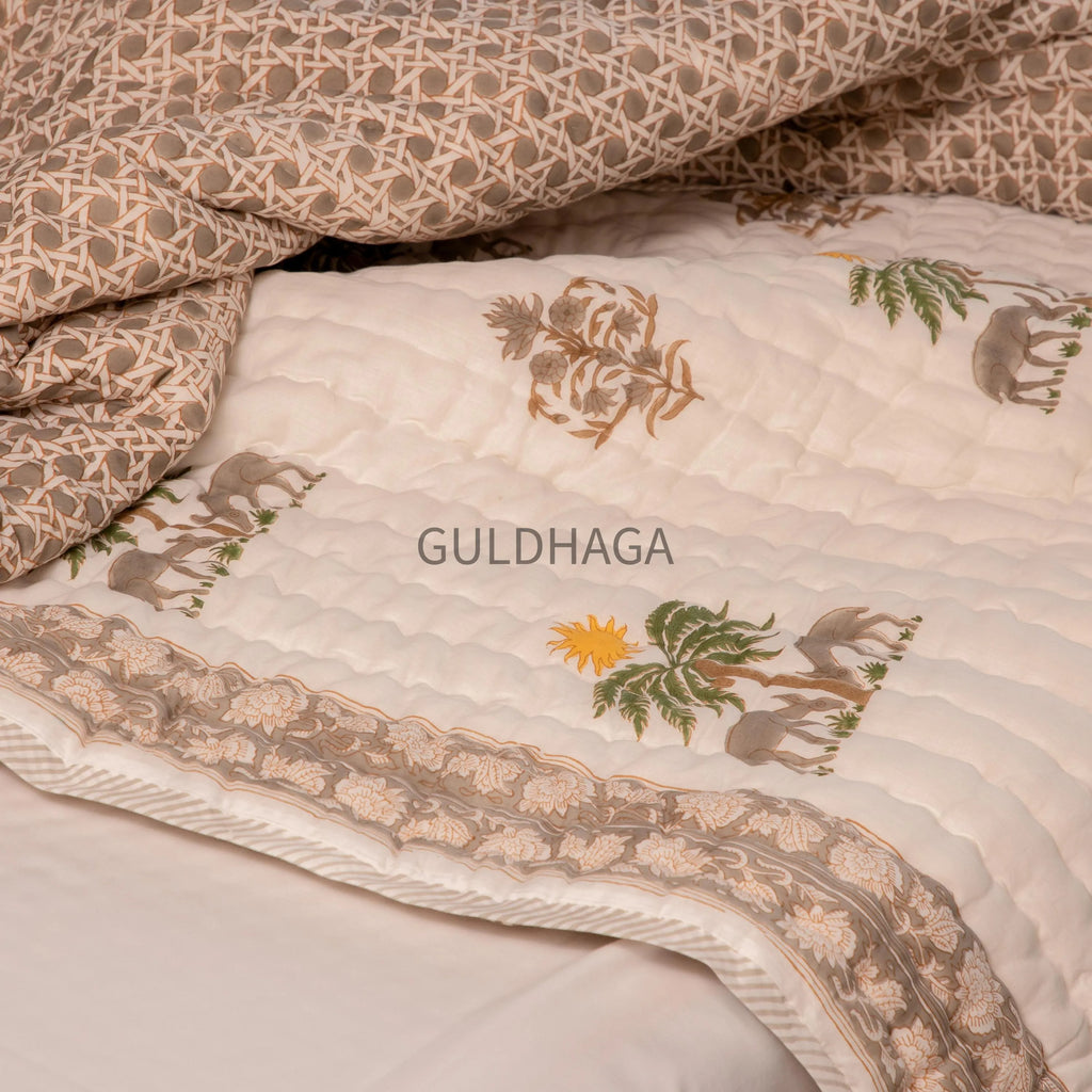 Deer Grove Hand Block Print Cotton Quilt, Floral Indian Bedding, Reversible coverlet, king comforter, All season quilt, Anokhi quilt