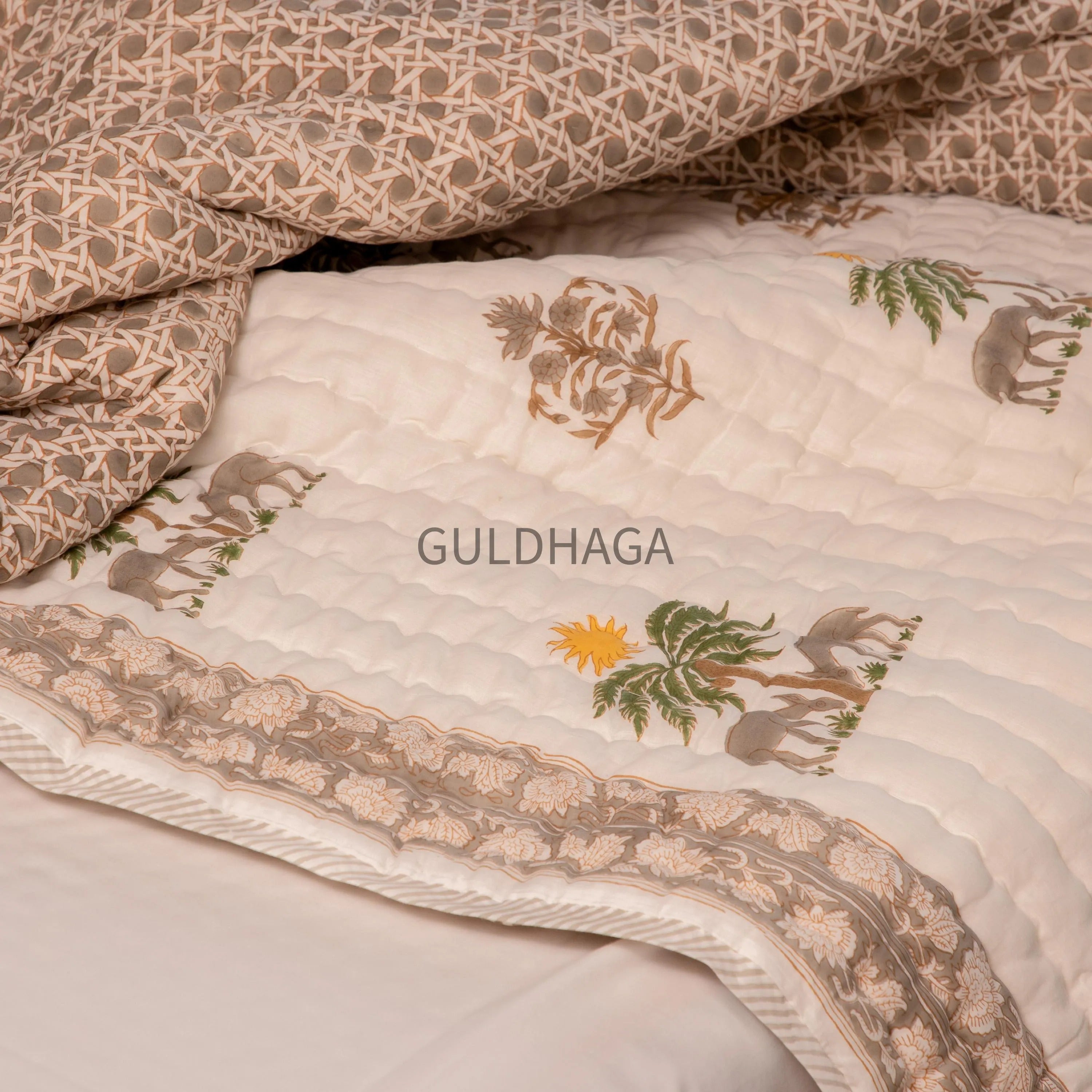 Deer Grove Hand Block Print Cotton Quilt, Floral Indian Bedding, Reversible coverlet, king comforter, All season quilt, Anokhi quilt