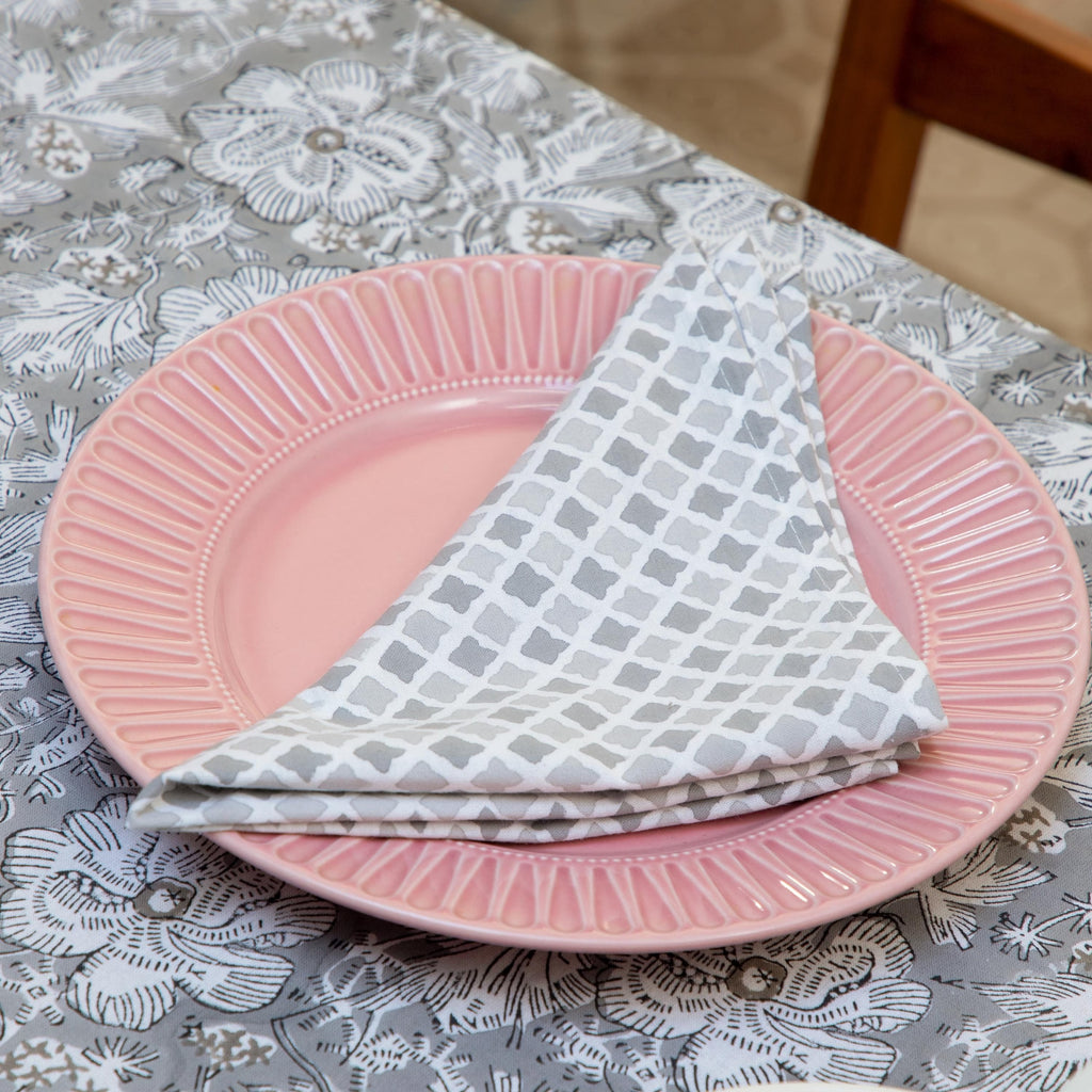 Grey Floral Block Print Tablecloth, Floral Cotton Table Cover, Table Runner Napkins Gift For Housewarming, Cloth for sale