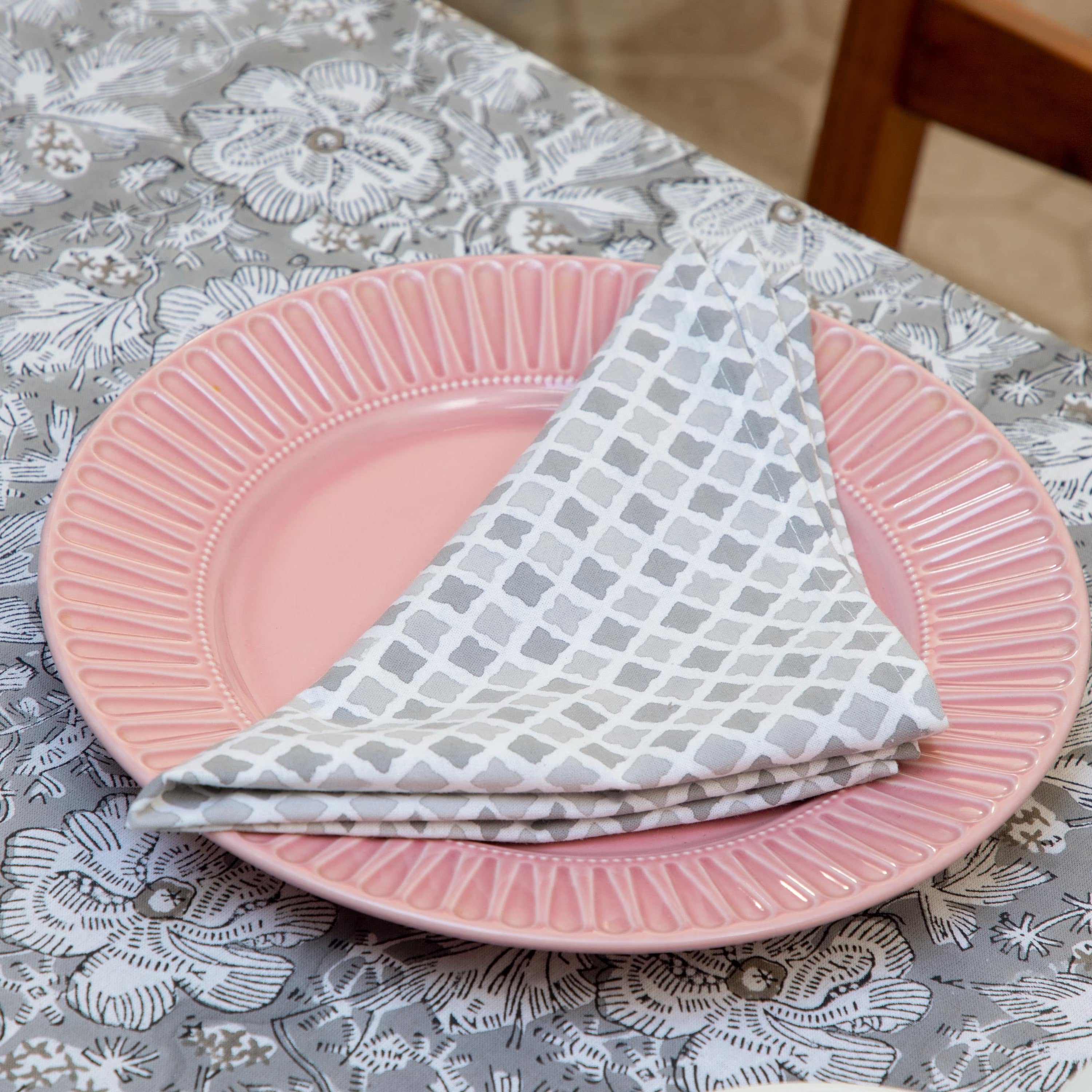 Grey Floral Block Print Tablecloth, Floral Cotton Table Cover, Table Runner Napkins Gift For Housewarming, Cloth for sale