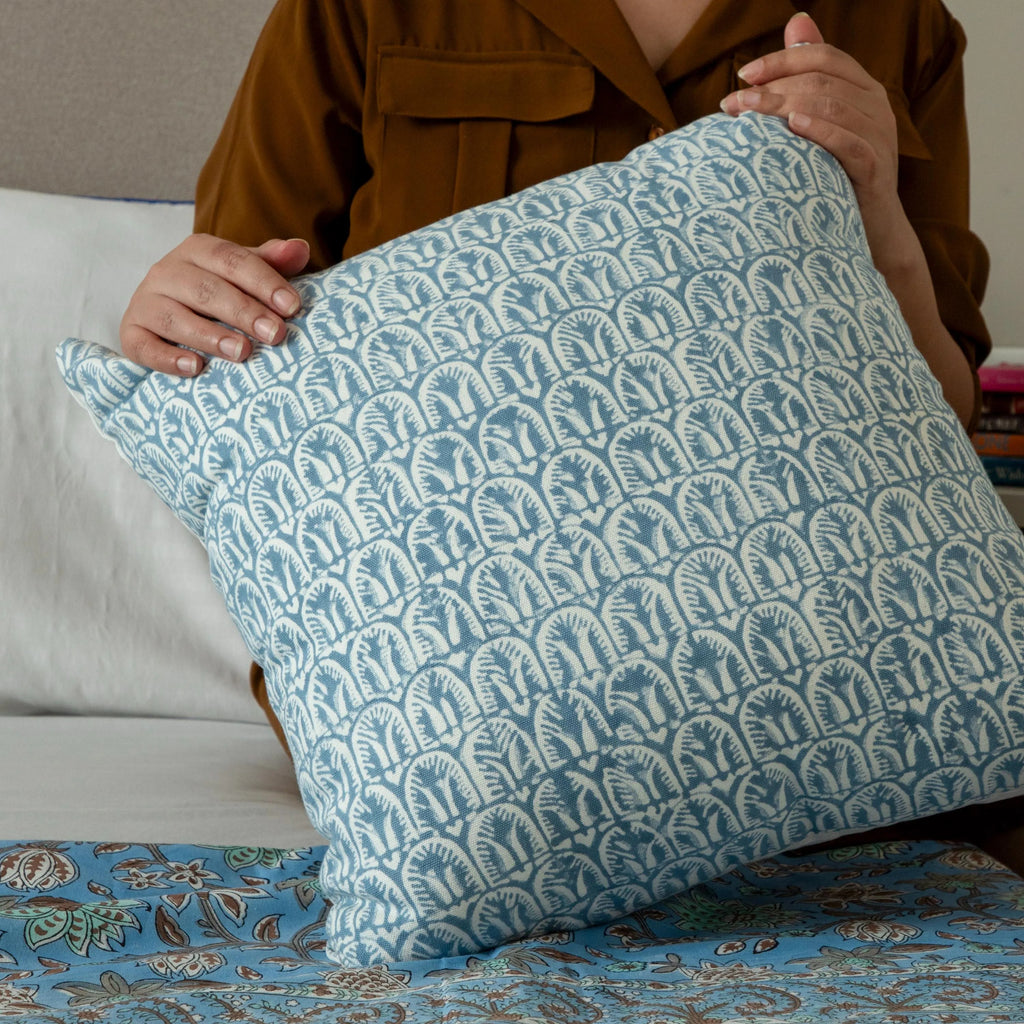 Blue Decorative Throw pillow, Floral Print on Natural Cotton pillow Cover, Boho Cushion Cover, Printed linen pillows, Throw pillow for sale