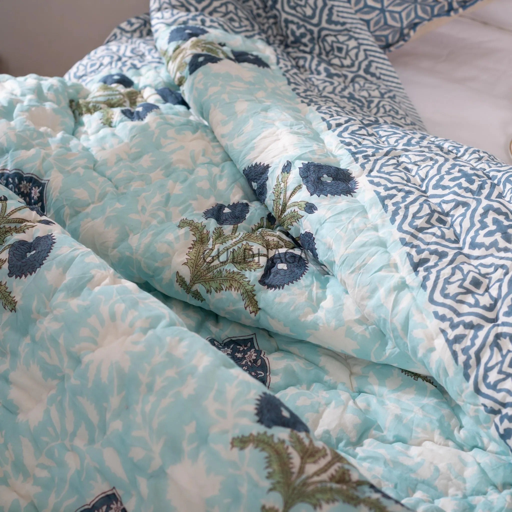 Seafoam and Deep Indigo Handmade Indian Cotton Quilt, Block Printed King Soft Quilt, Cotton Comforter, Boho Reversible quilt, couch Coverlet