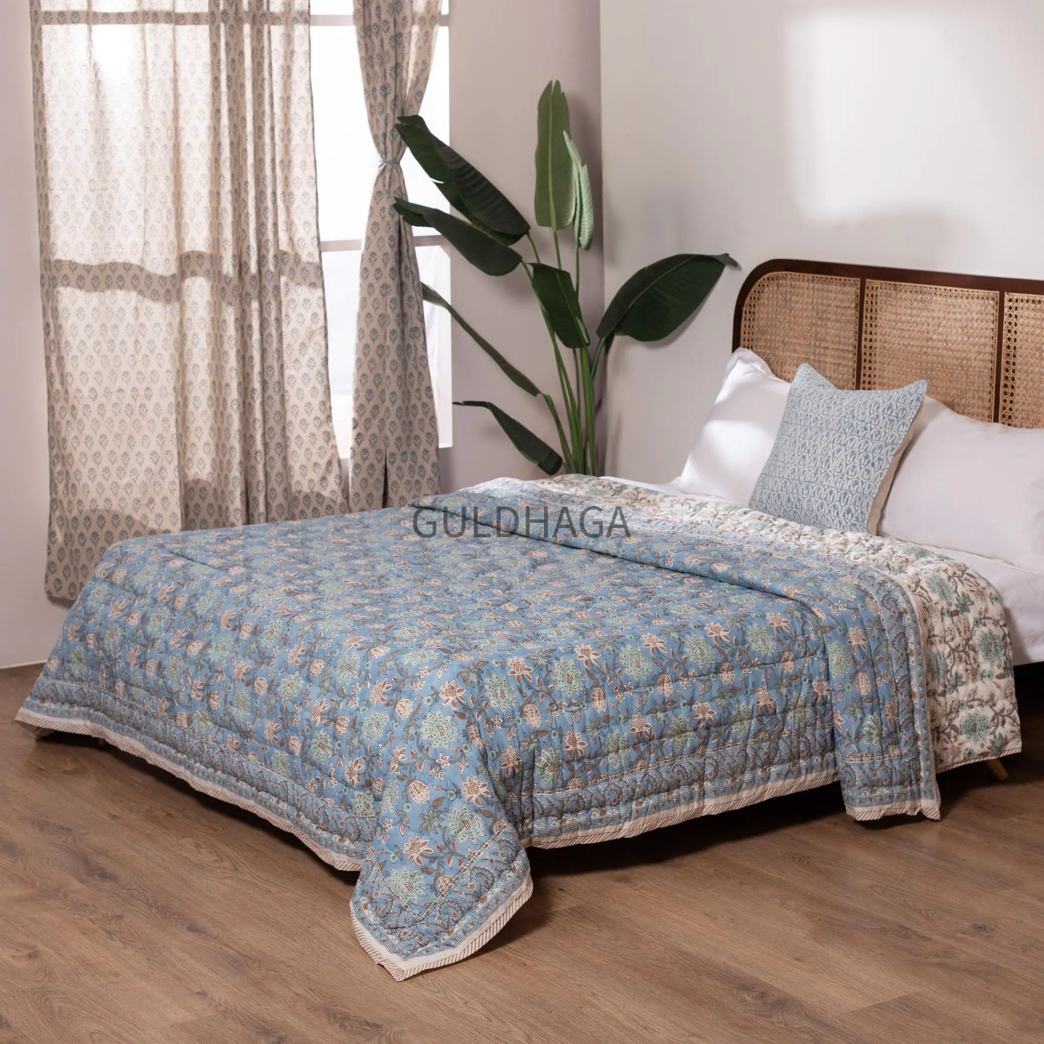 Dusty powder Blue Cotton Quilt, Indian Hand Block Printed couch throw, Floral Printed Queen Comforter, Soft Summer Blanket, All Season Quilt