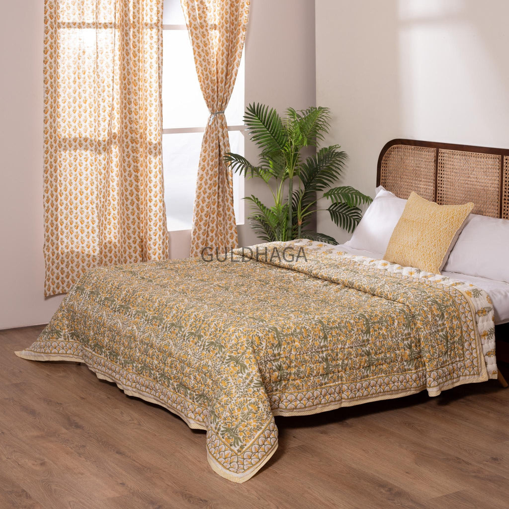 Ivory with mustard yellow olive green floral block printed quilt, cotton comforter for sale, queen size reversible bedspread, twin bedding