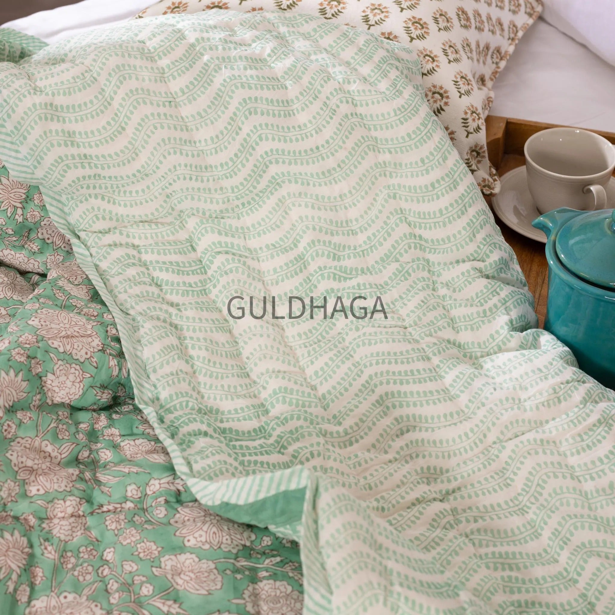 Green Summer Block Print Cotton Quilt, Boho Cotton Bedding, Handmade Indian bedspread, Reversible throw for Twin bedroom, All season quilt