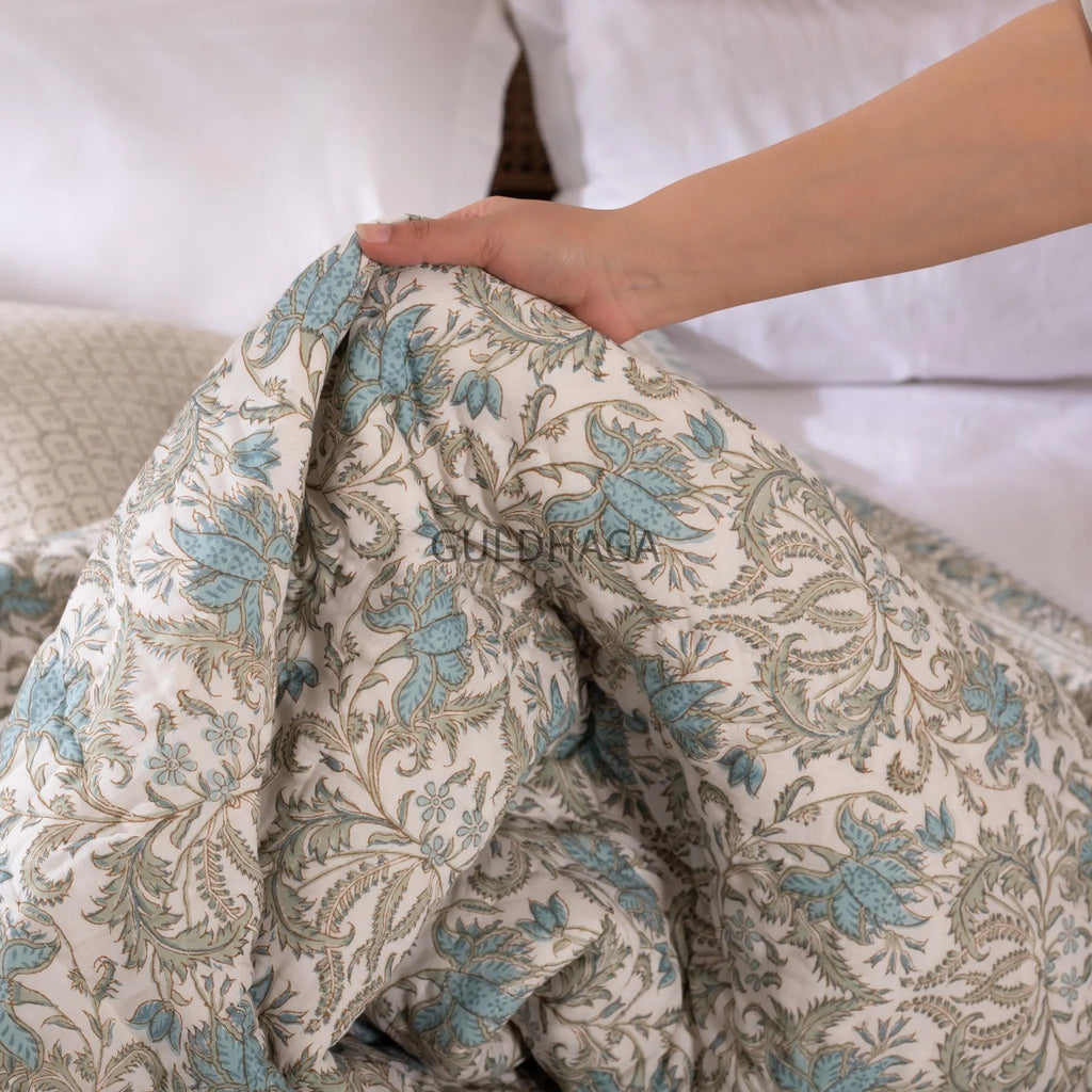 Hand Block Print Cotton Quilt, Blue and Sage Floral Indian Bedding, Reversible Bedspread, Queen comforter, All season quilt, Anokhi quilt