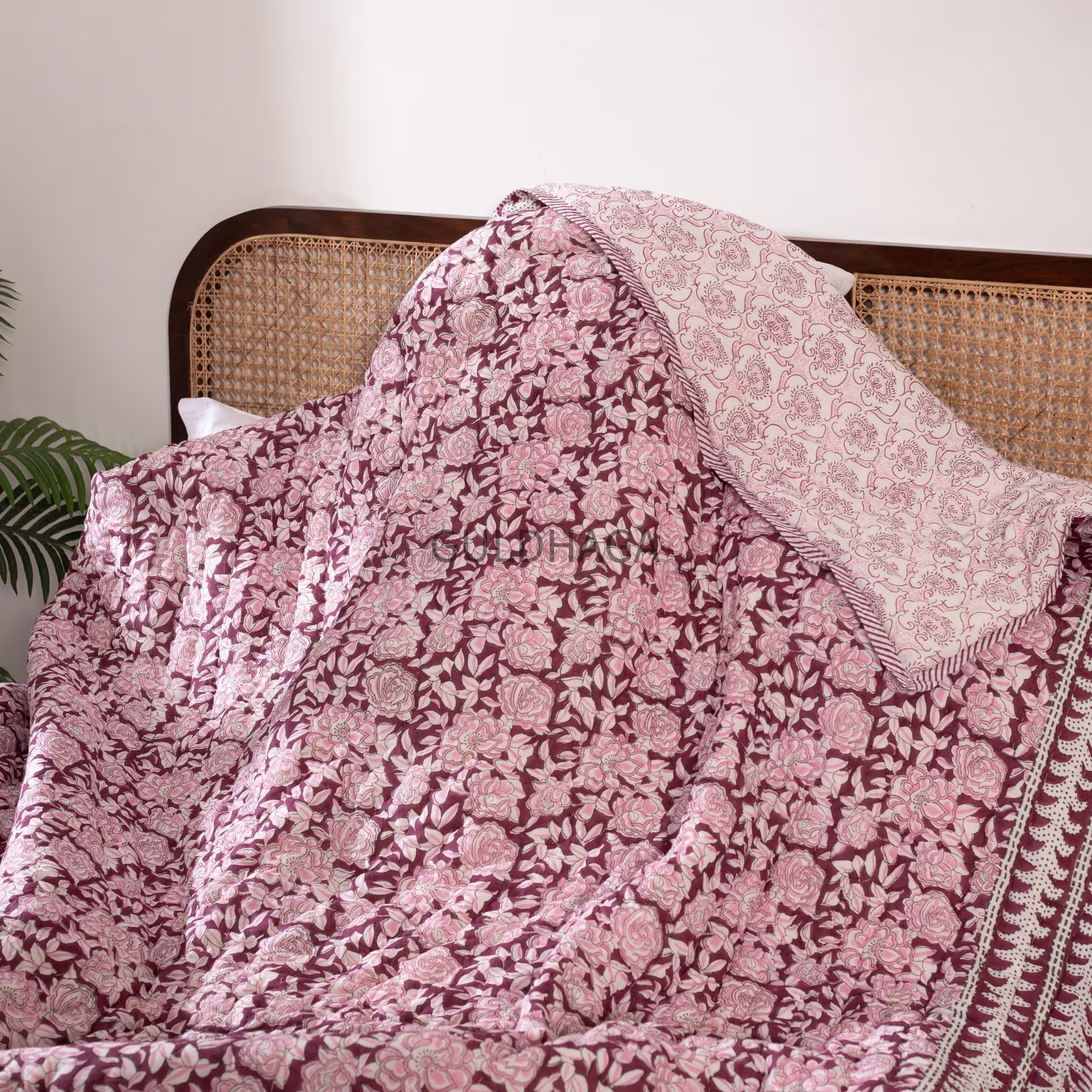Deep berry wine Block Print Cotton Quilt, Cotton Bedding, Handmade Indian Boho Quilt, Reversible Bedspread for Twin Queen King Bed