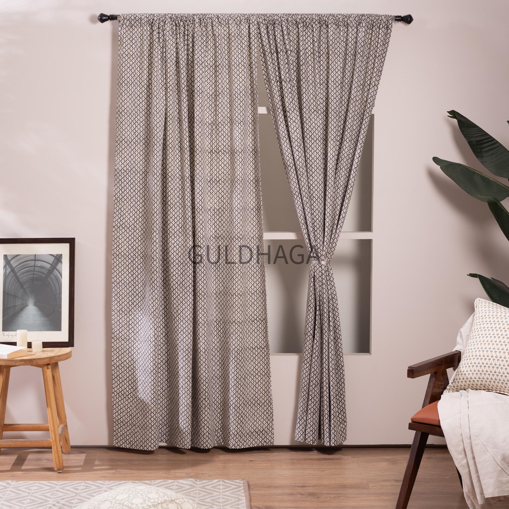Gray cotton Curtain, Hand block printed Semi Blackout Bedroom Curtain, Boho curtain and window treatment, living room curtain
