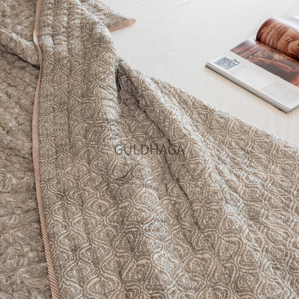 Stone Grey Block Print Cotton Quilt, Floral Cotton Bedding, Handmade Boho throw, Reversible Bedspread for Twin quilt, housewarming gift