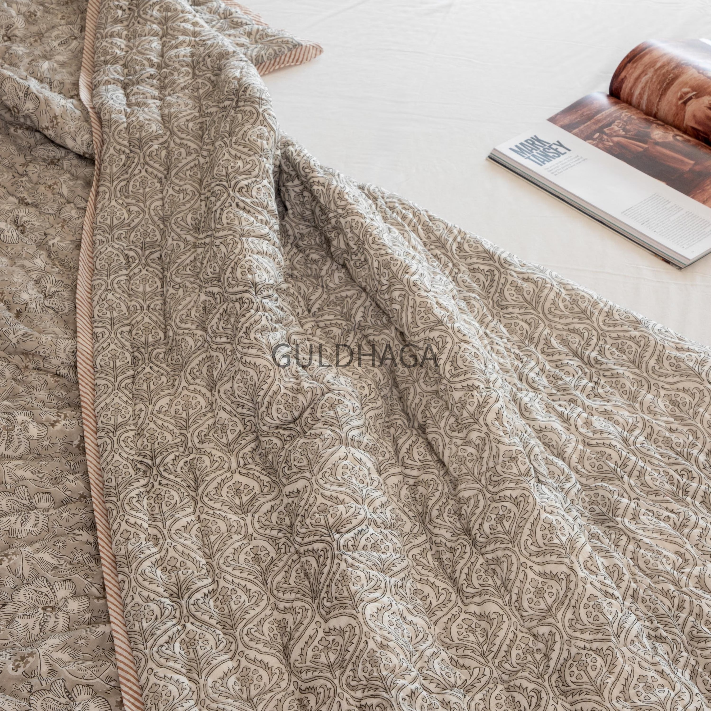 Stone Grey Block Print Cotton Quilt, Floral Cotton Bedding, Handmade Boho throw, Reversible Bedspread for Twin quilt, housewarming gift