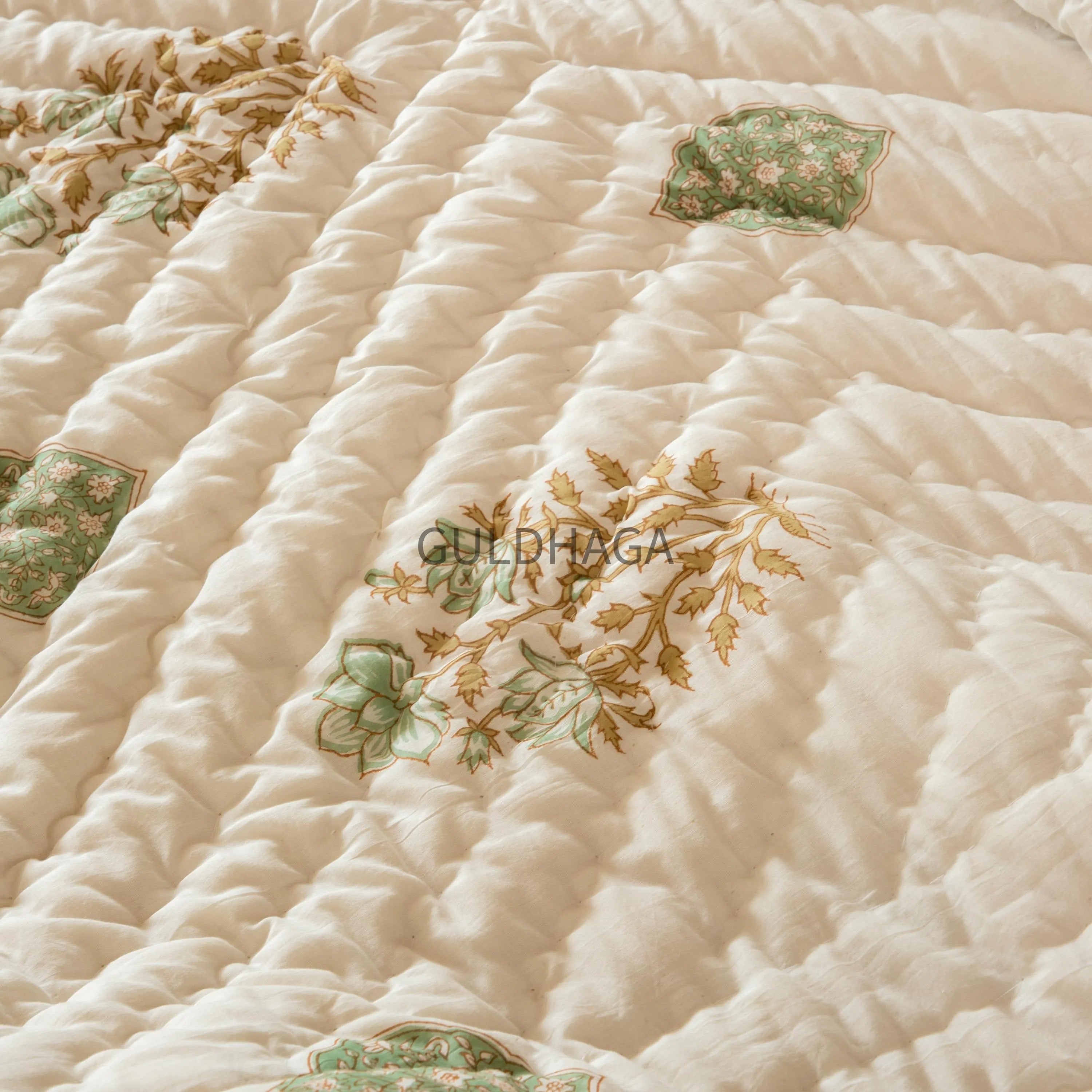 Ivory and Sage Green Floral Block Print Quilt, cotton comforter for couch, queen size reversible bedspread, boho bedding, cotton coverlet