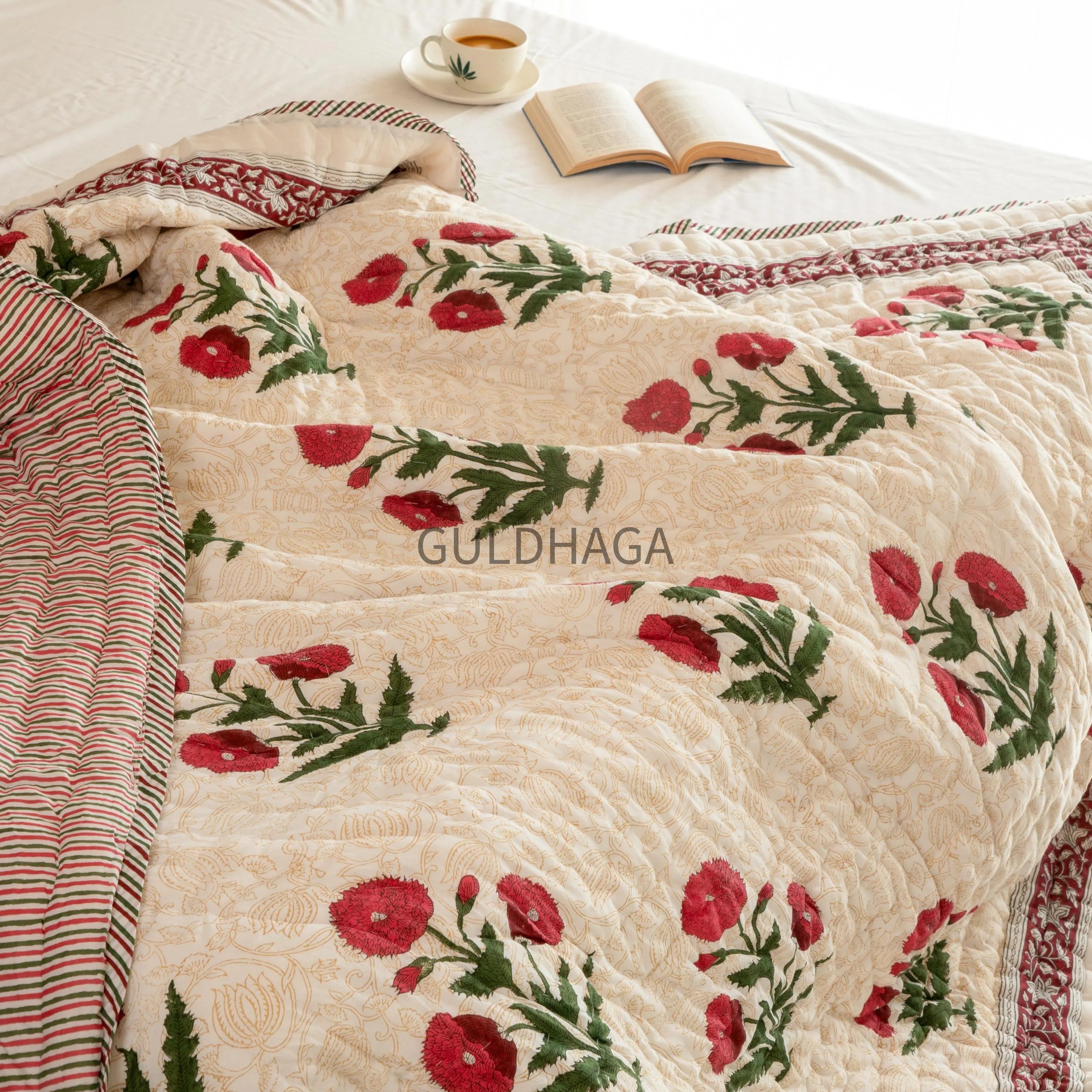 Flax Beige & Poppy Red Handmade Indian Cotton Quilt, Block Printed King Soft Quilt, Cotton Comforter, Boho Reversible quilt, couch Coverlet