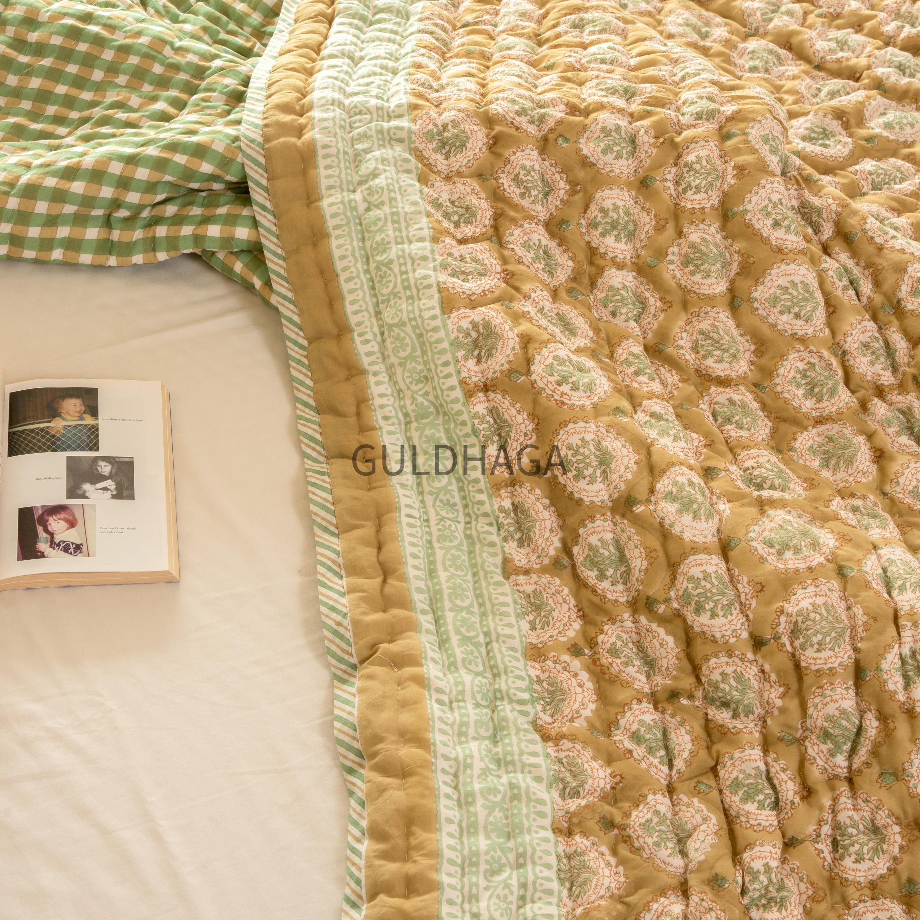 Sage Gingham & Honey Hand Block Print Cotton Quilt, Floral Indian Bedding, Reversible coverlet, king comforter, All season quilt, Anokhi qui