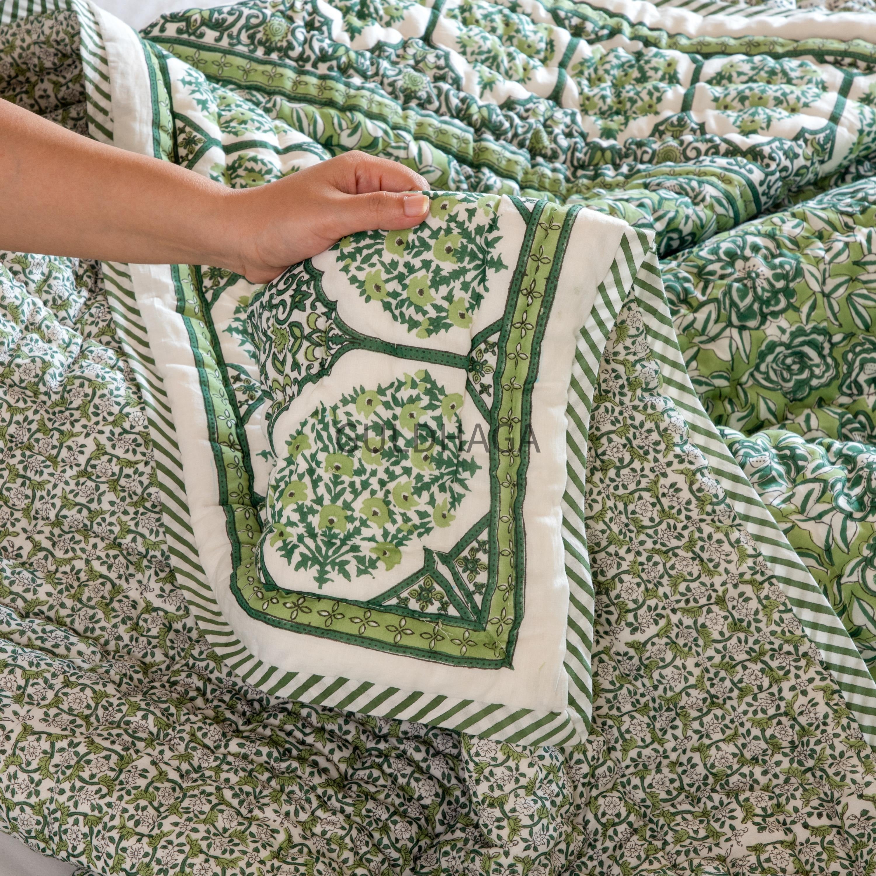 Green Summer Block Print Cotton Quilt, Boho Cotton Bedding, Handmade Indian bedspread, Reversible throw for Twin bedroom, All season quilt