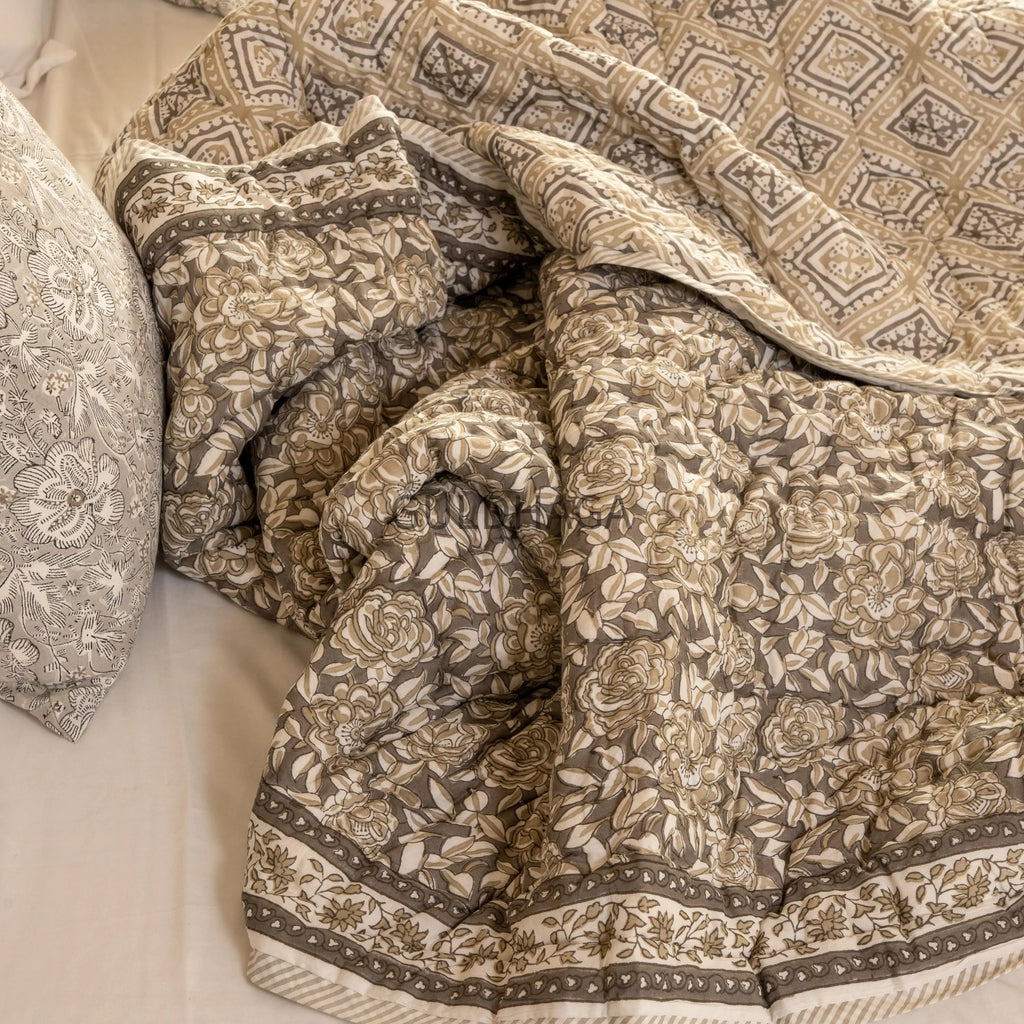Moonstone Grey Hand Block Print Cotton Quilt, Floral Indian Bedding, Reversible coverlet, king comforter, All season quilt, Anokhi quilt