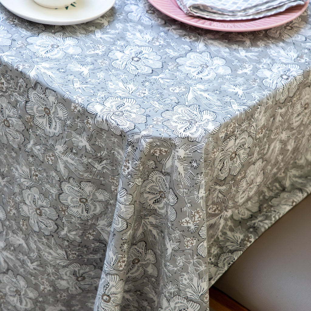 Grey Floral Block Print Tablecloth, Floral Cotton Table Cover, Table Runner Napkins Gift For Housewarming, Cloth for sale