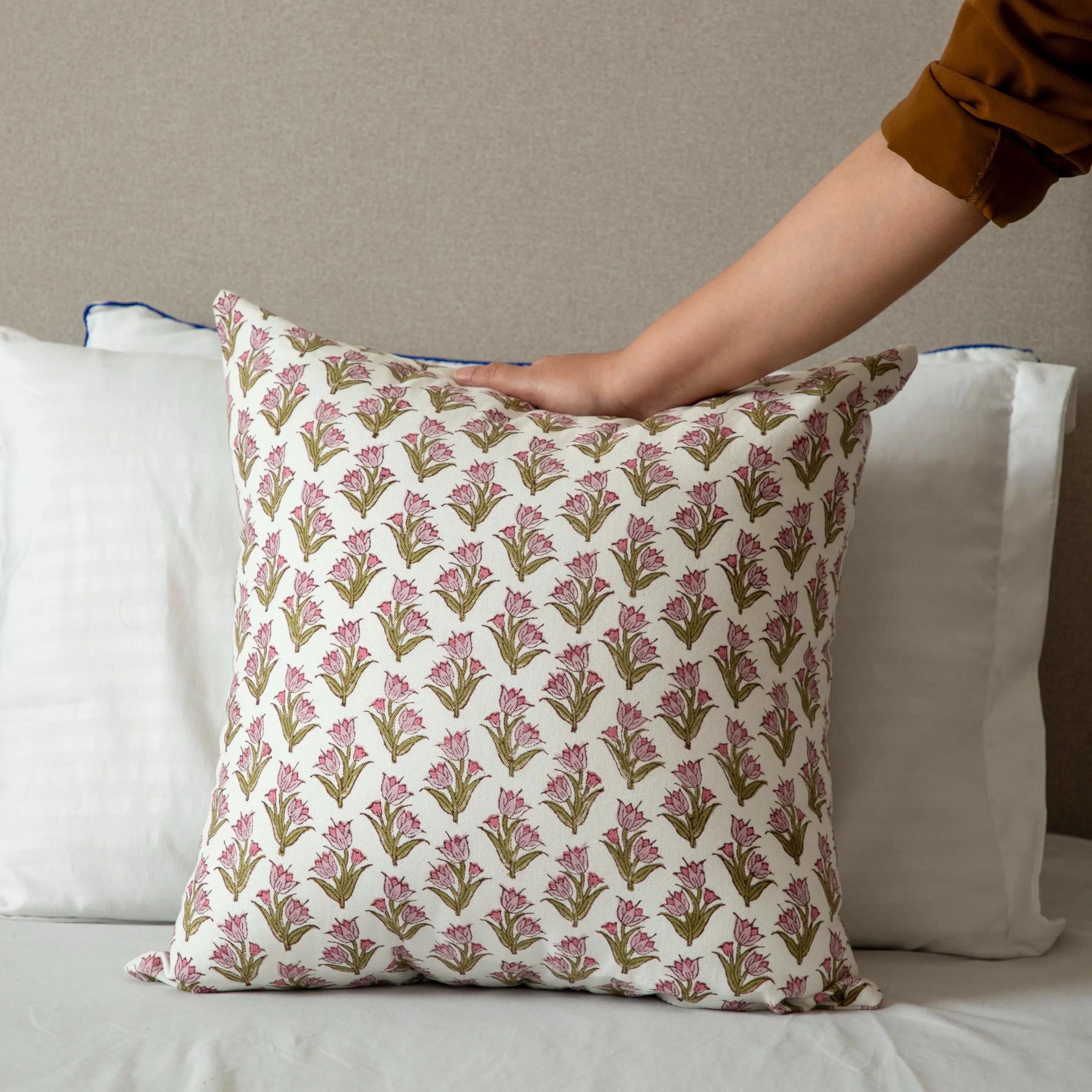 Blush Bloom Hand Block Print Cushion Cover, Indian Floral Pillow Cover | Block Printed Pillow Cover | Decorative Pillow | 20 x 20 | 16 x 26
